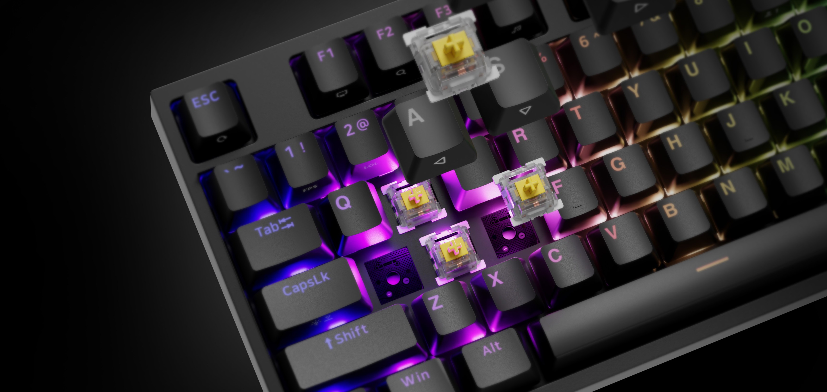 Mechanical gaming keyboard featuring RGB backlighting and Gateron Yellow Pro switches, with highlighted keys