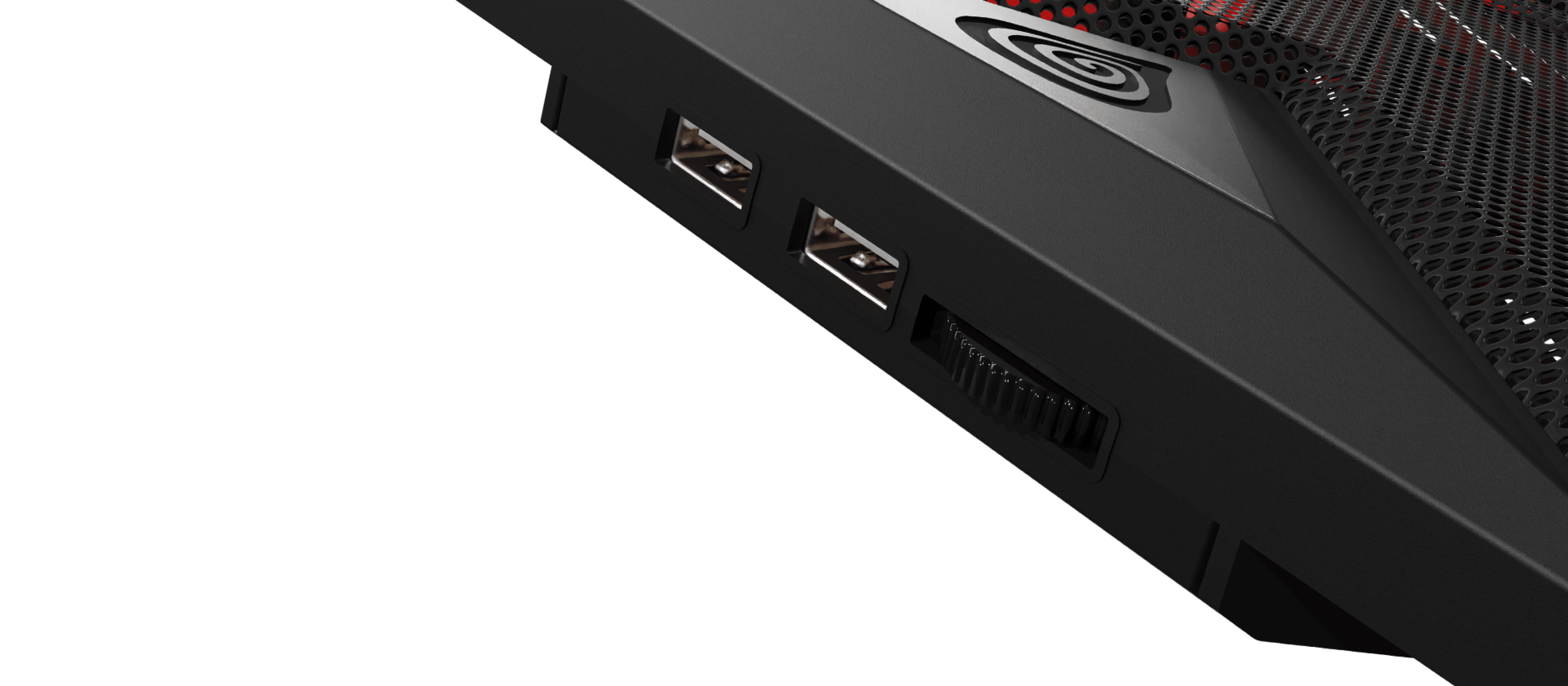 Cooling pad for laptops with four fans, featuring USB ports and red LED lighting for enhanced aesthetics
