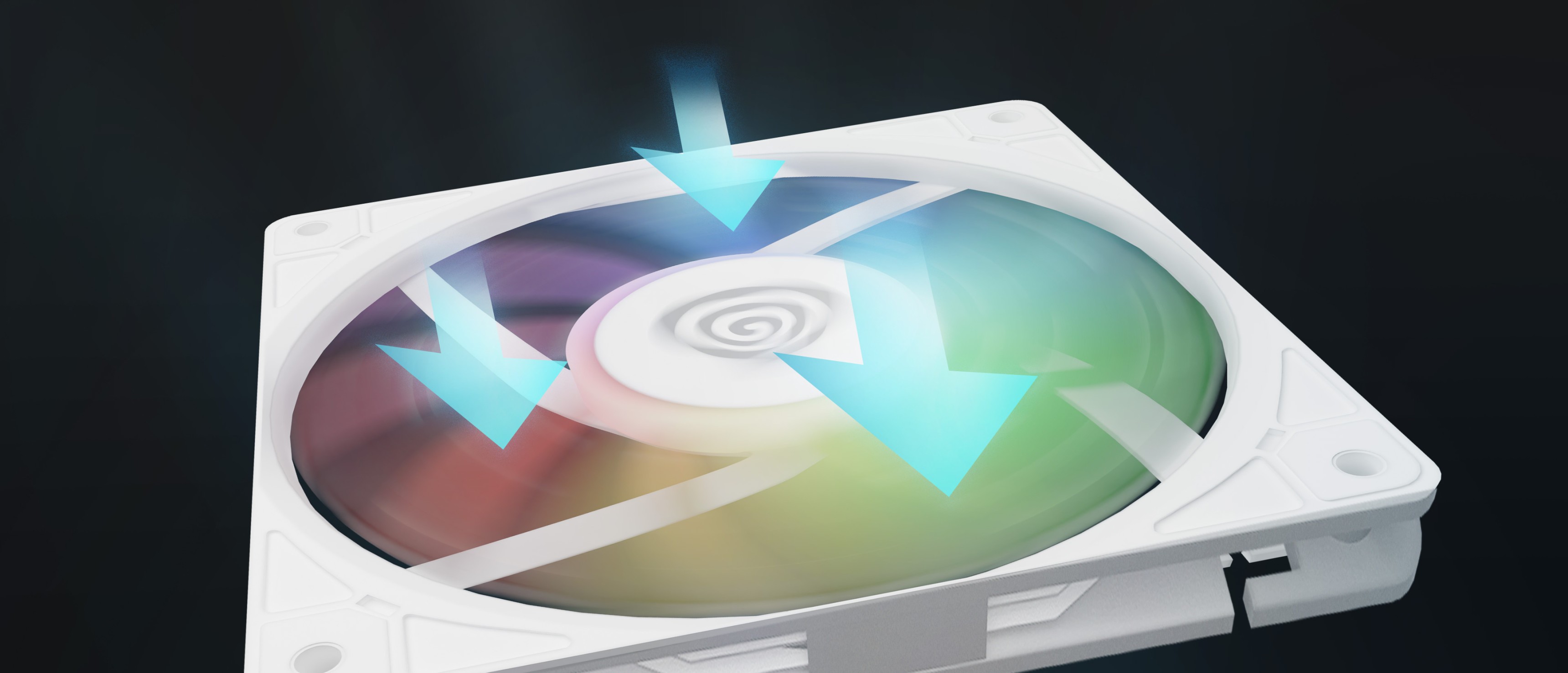 ARGB cooling fan with a white frame, featuring colorful light effects and airflow arrows indicating movement