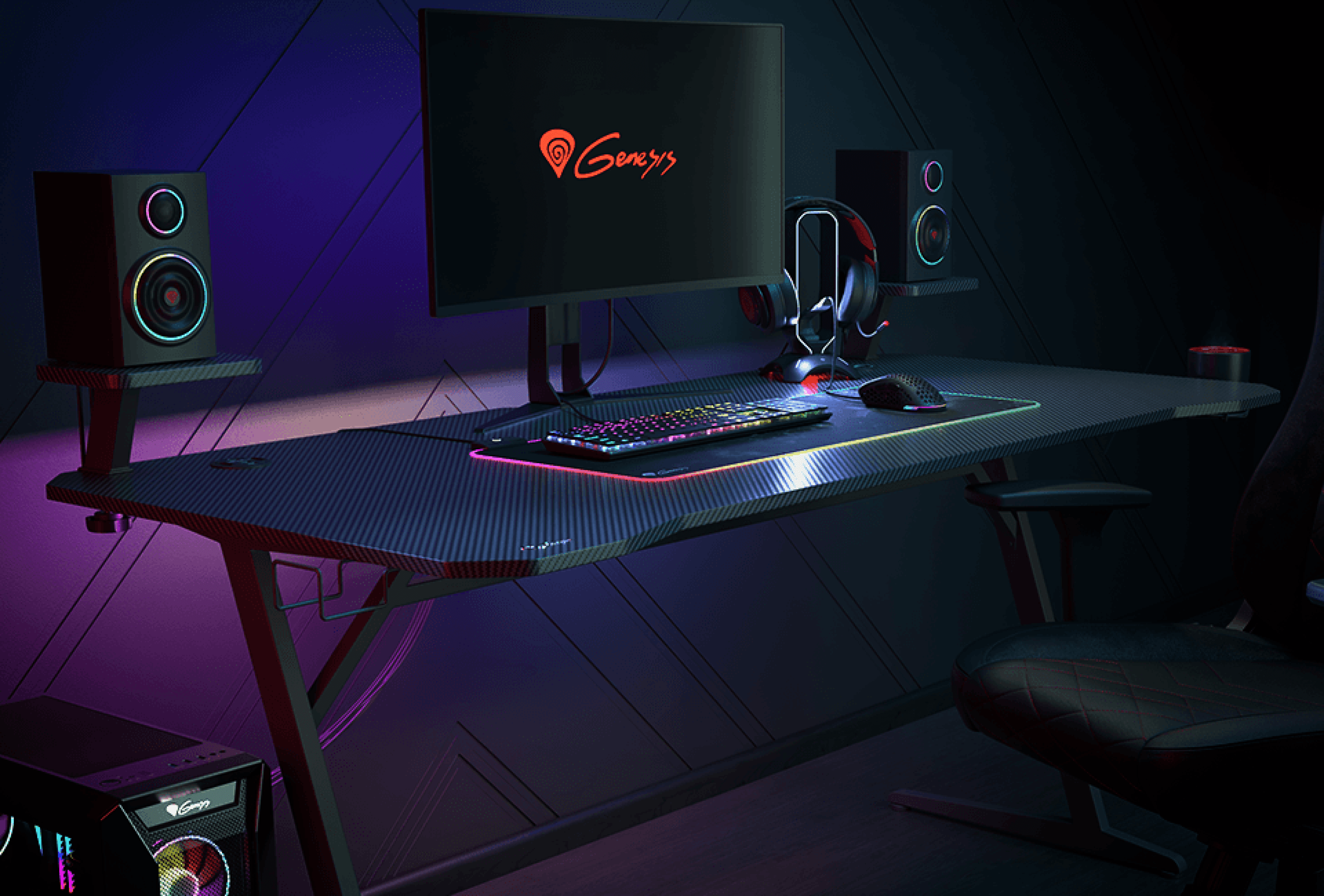 Gaming desk with RGB lighting, featuring a monitor, keyboard, mouse, and speakers in a stylish, dark setup