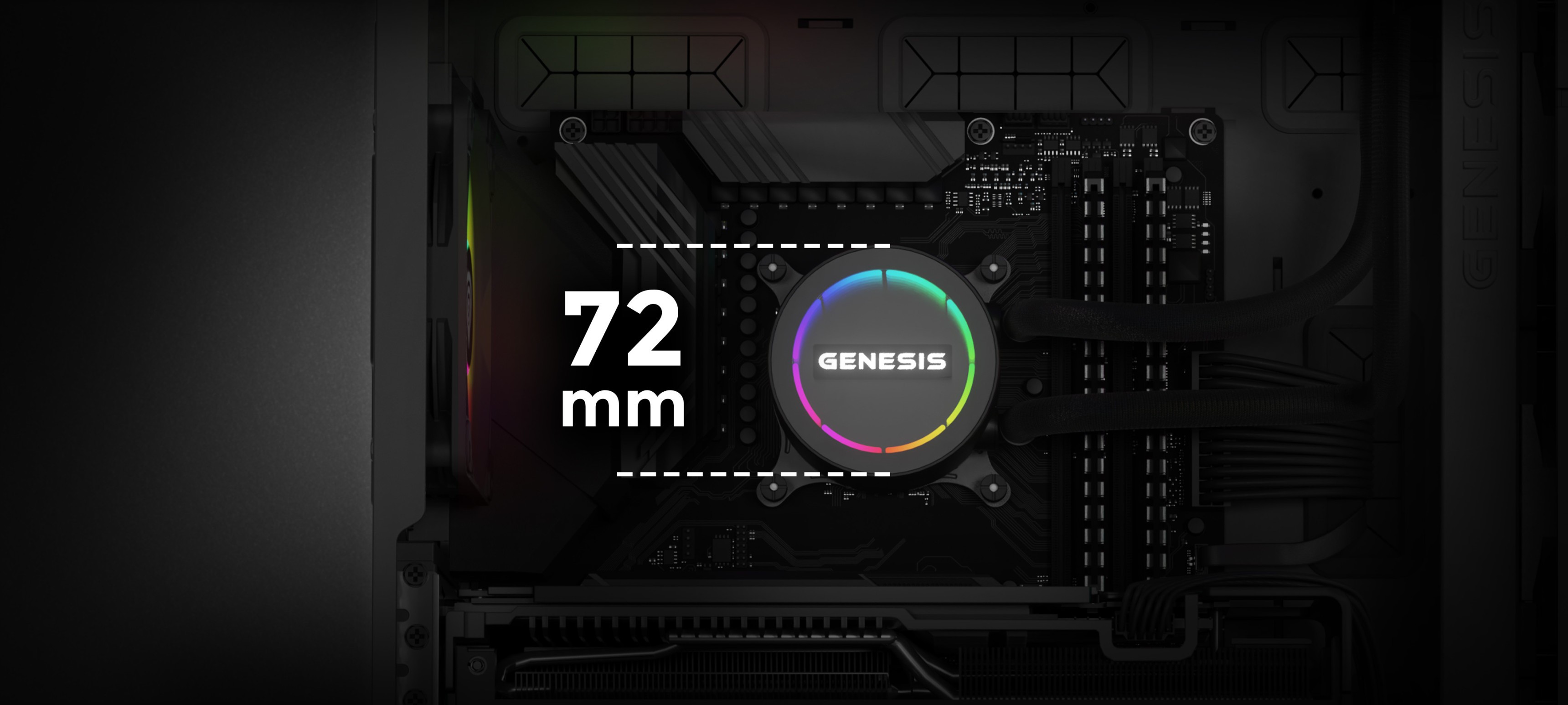 Water cooling system Genesis Hydria 360 in black, displaying a 72 mm diameter pump head with RGB lighting on a motherboard