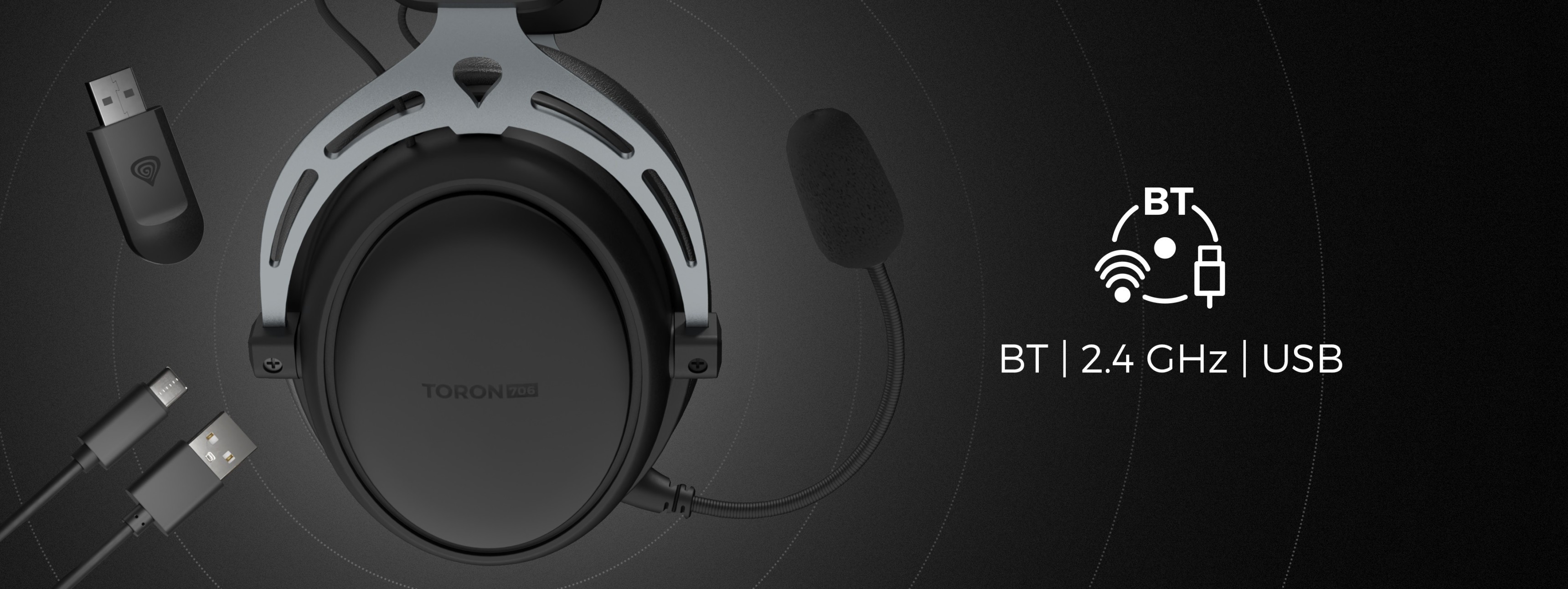 Wireless black over-ear headphones with a microphone and USB connection
