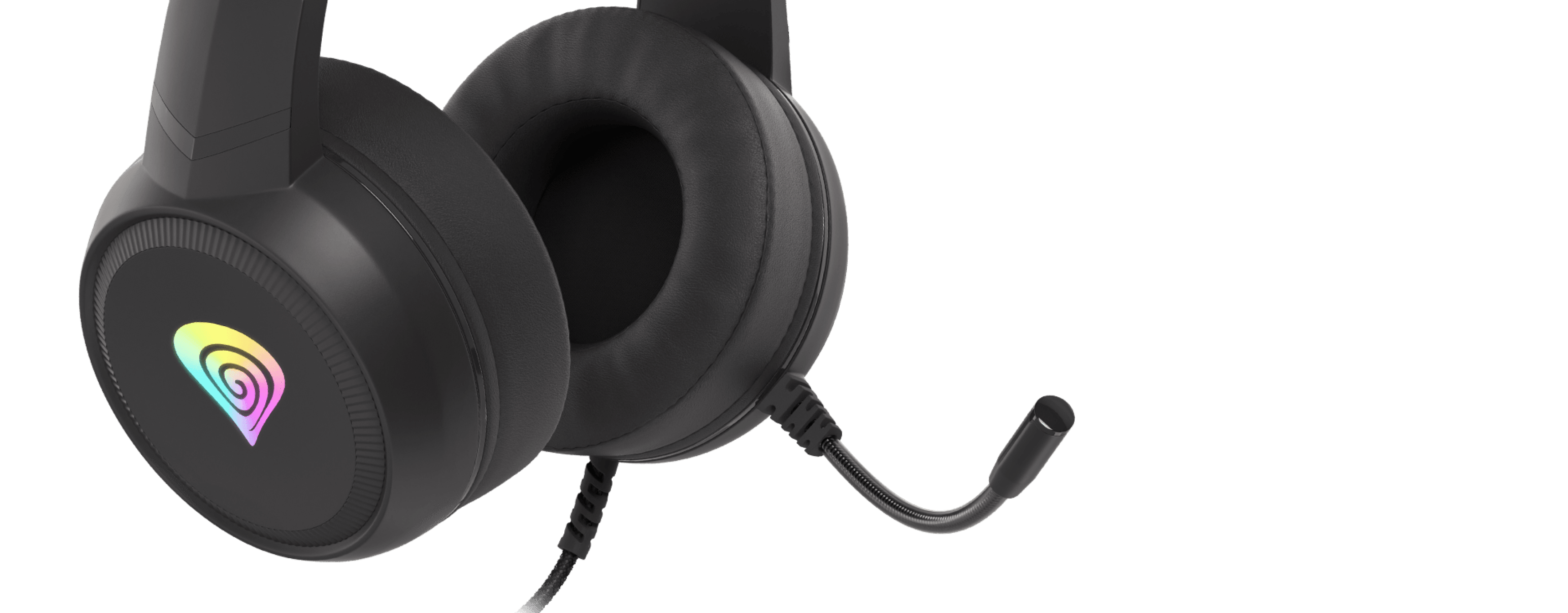 Headphones with a black design and a colorful logo on the earcup.