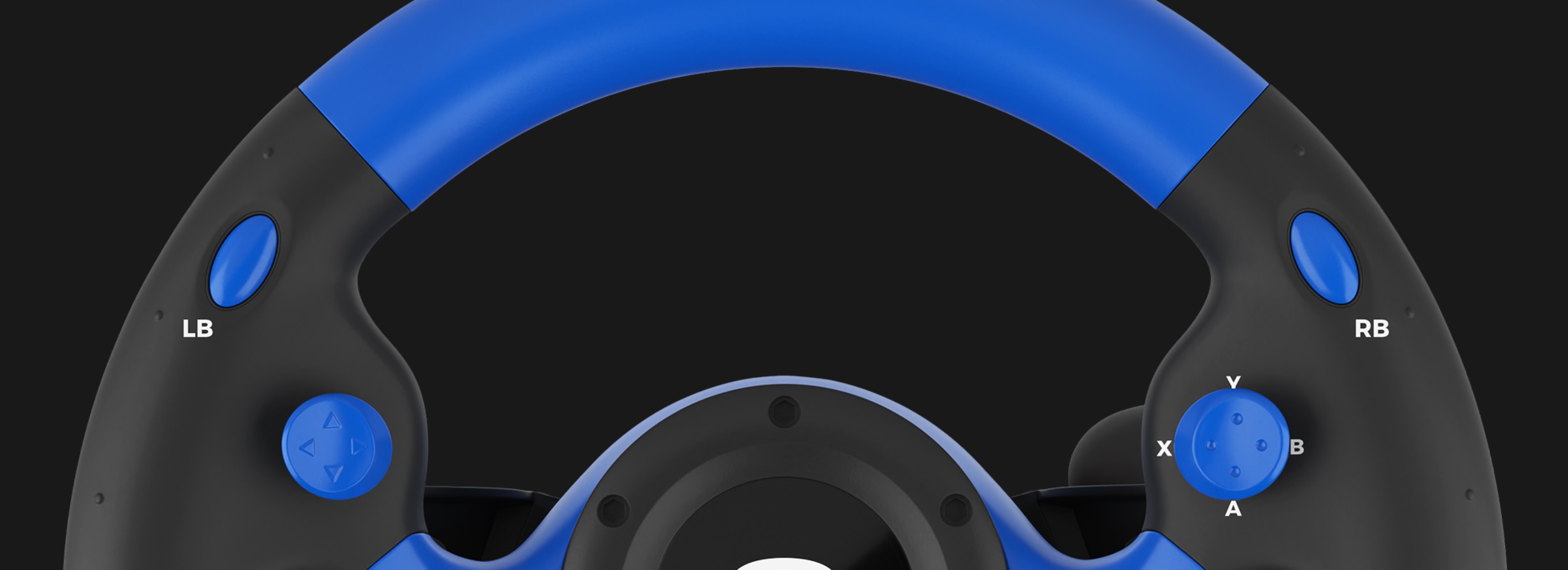 Racing wheel featuring a blue and black design, with buttons labeled LB, RB, X, A, and directional controls. Compatible with multiple gaming consoles