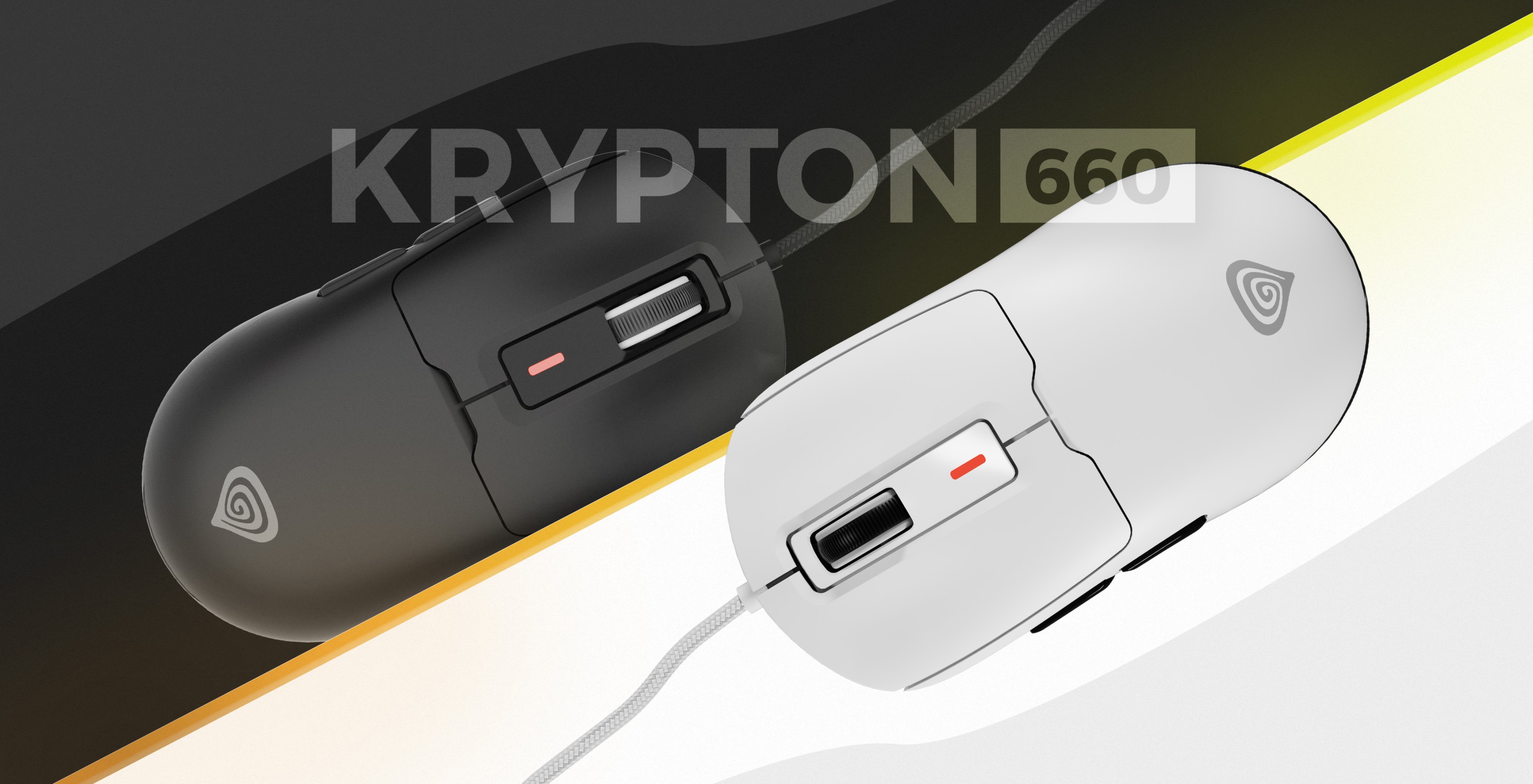 Gaming mouse featuring RGB lighting, model Genesis Krypton 660, in black and white colors with programmable buttons