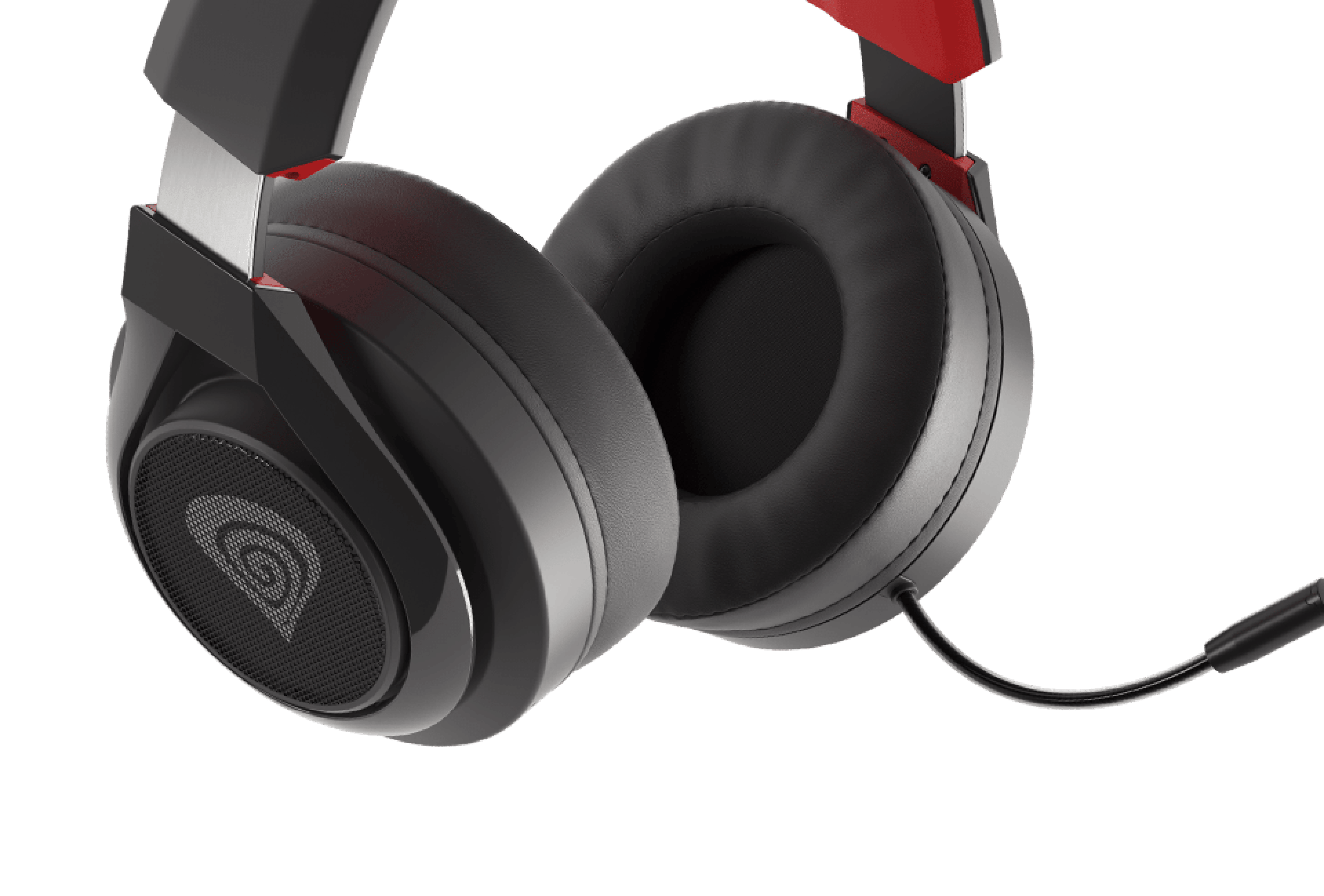 Black and red over-ear headphones with a built-in microphone and cushioned ear pads