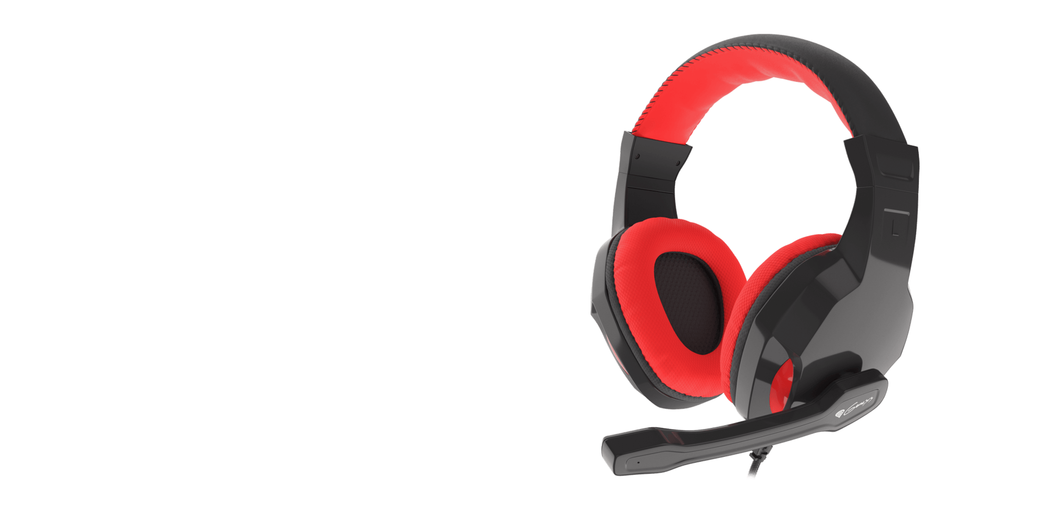 Headset with black and red cushioning and a detachable microphone for audio communication.