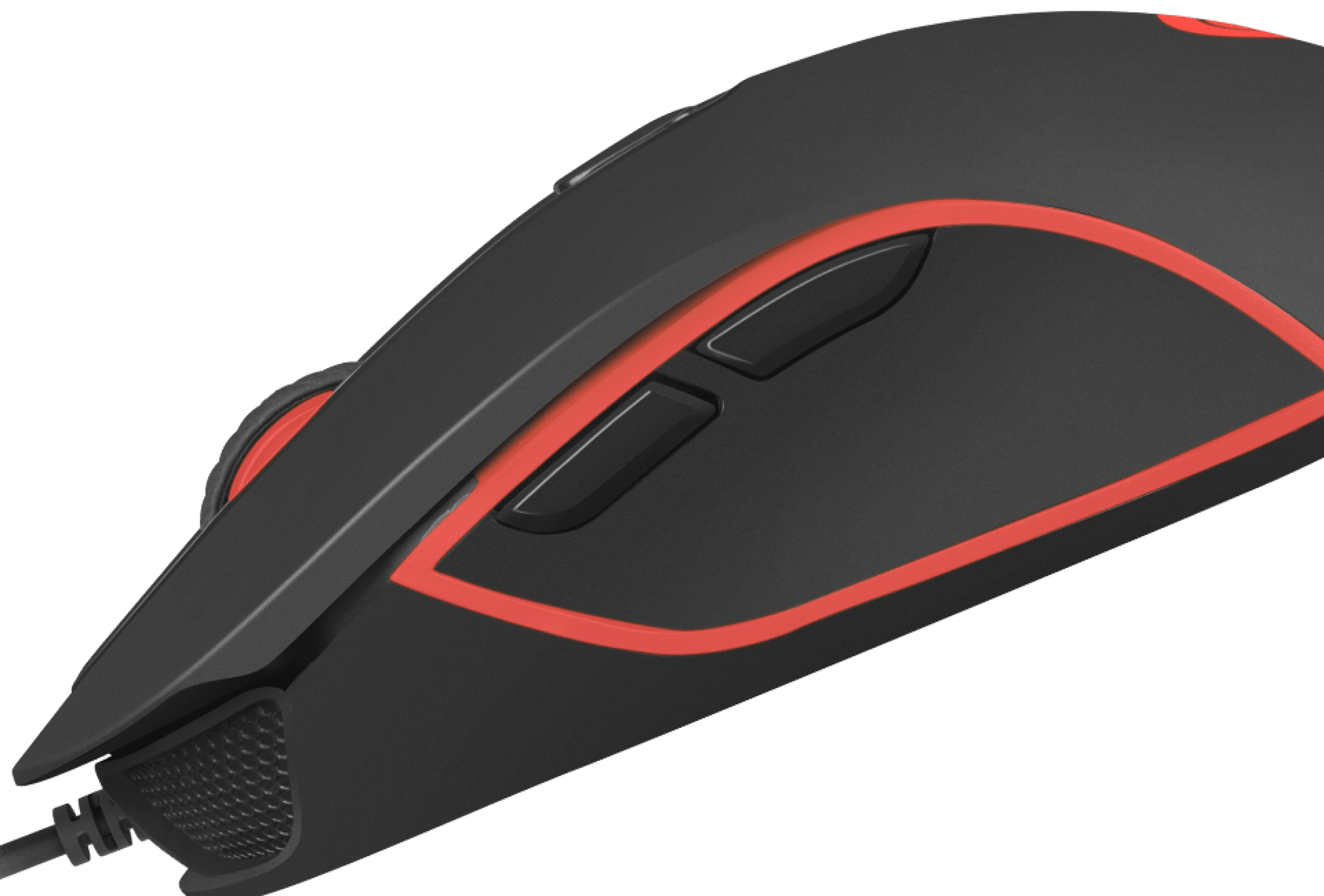 Computer mouse with a black surface and red accent lines and buttons on the side.