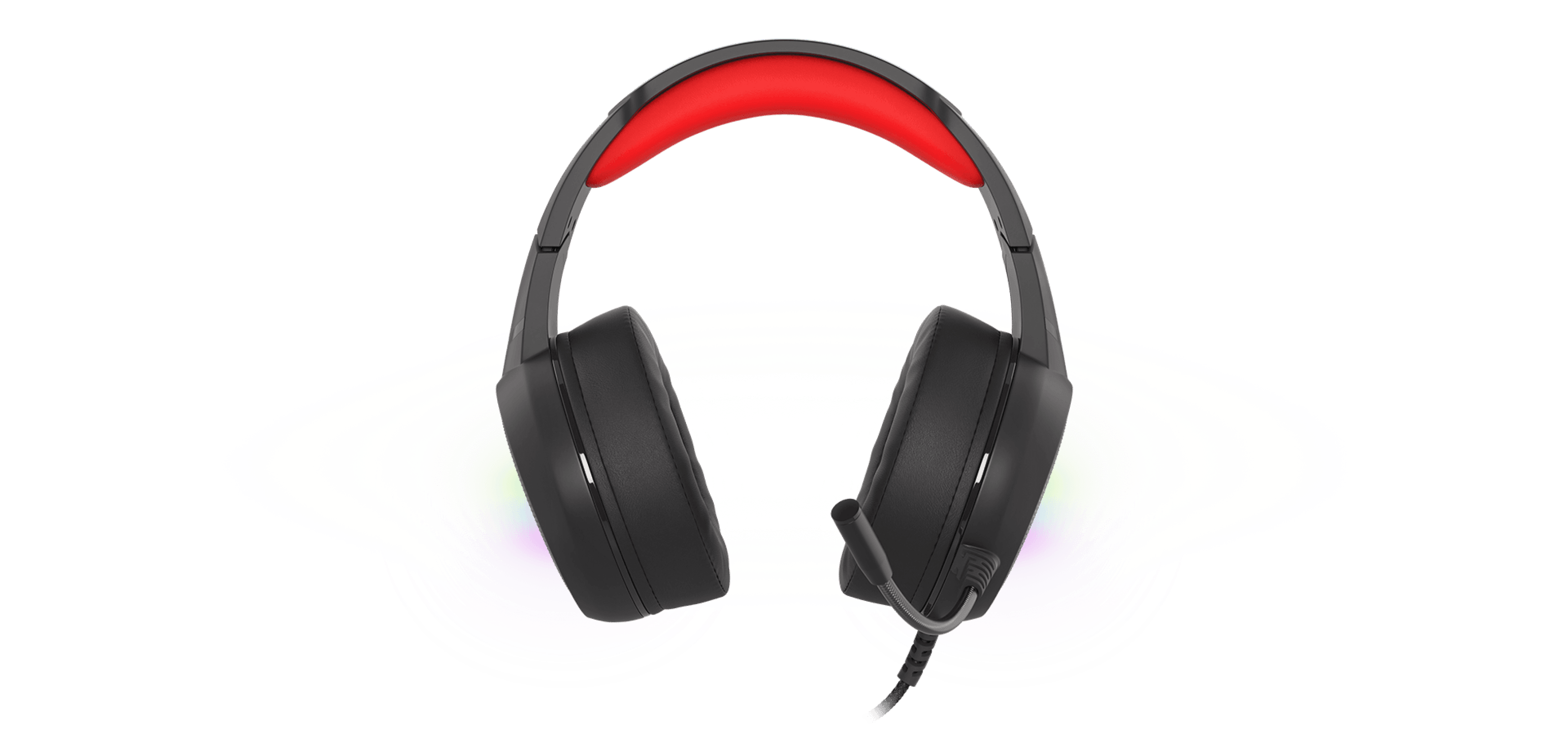 Headphones with a black design, red headband, and a microphone attached.