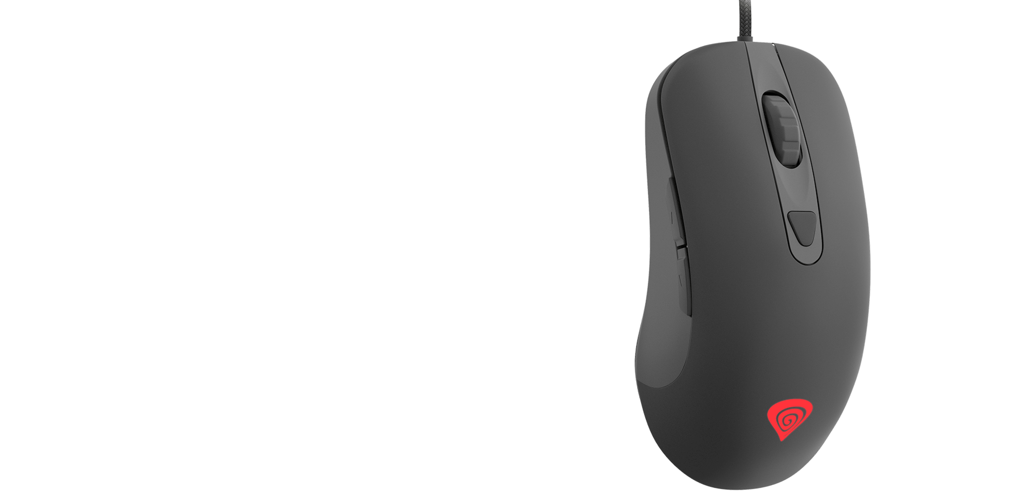 Computer mouse with a connection cable and a scroll wheel.