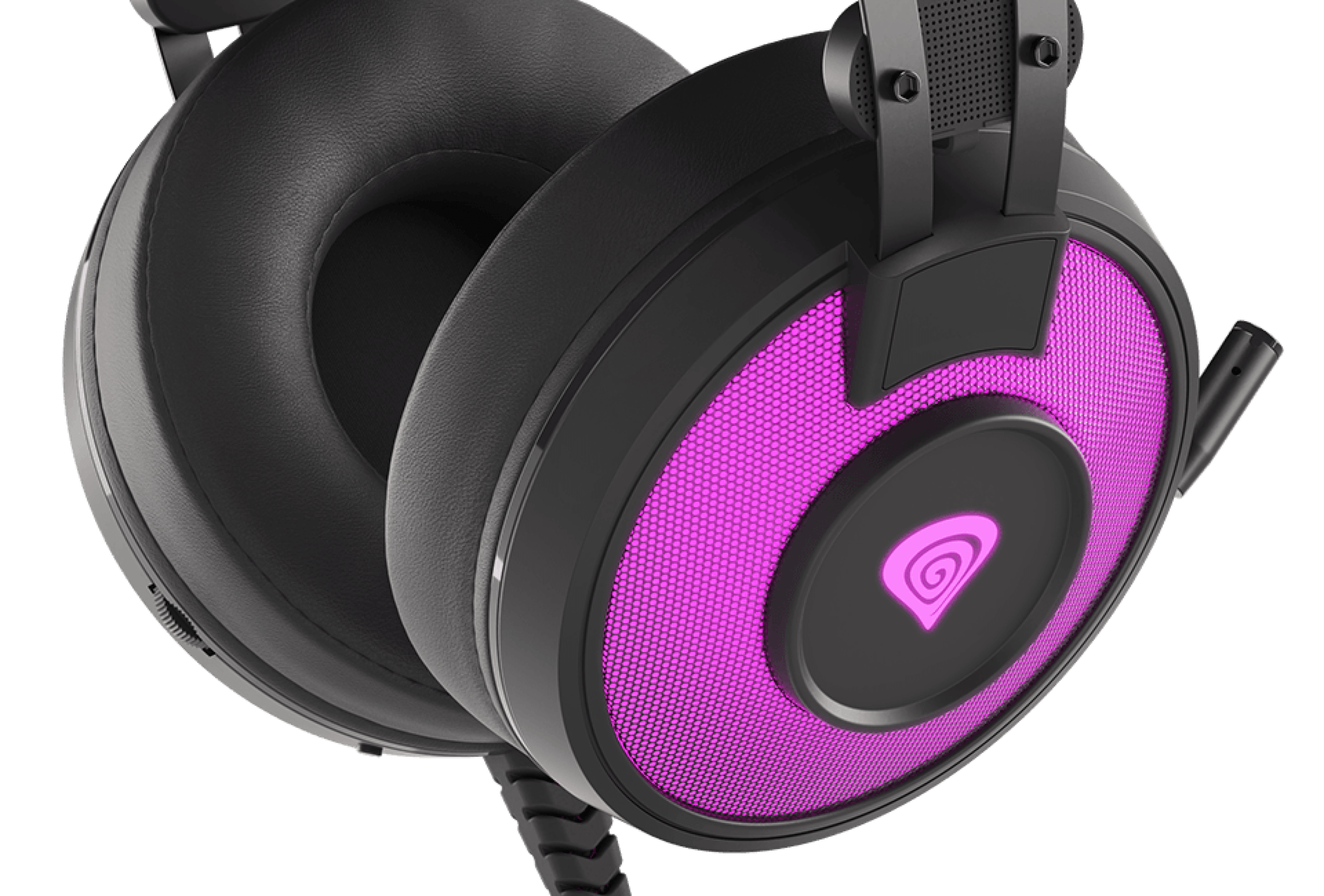 Headset with large ear cushions and a glowing pink design on the ear cups.