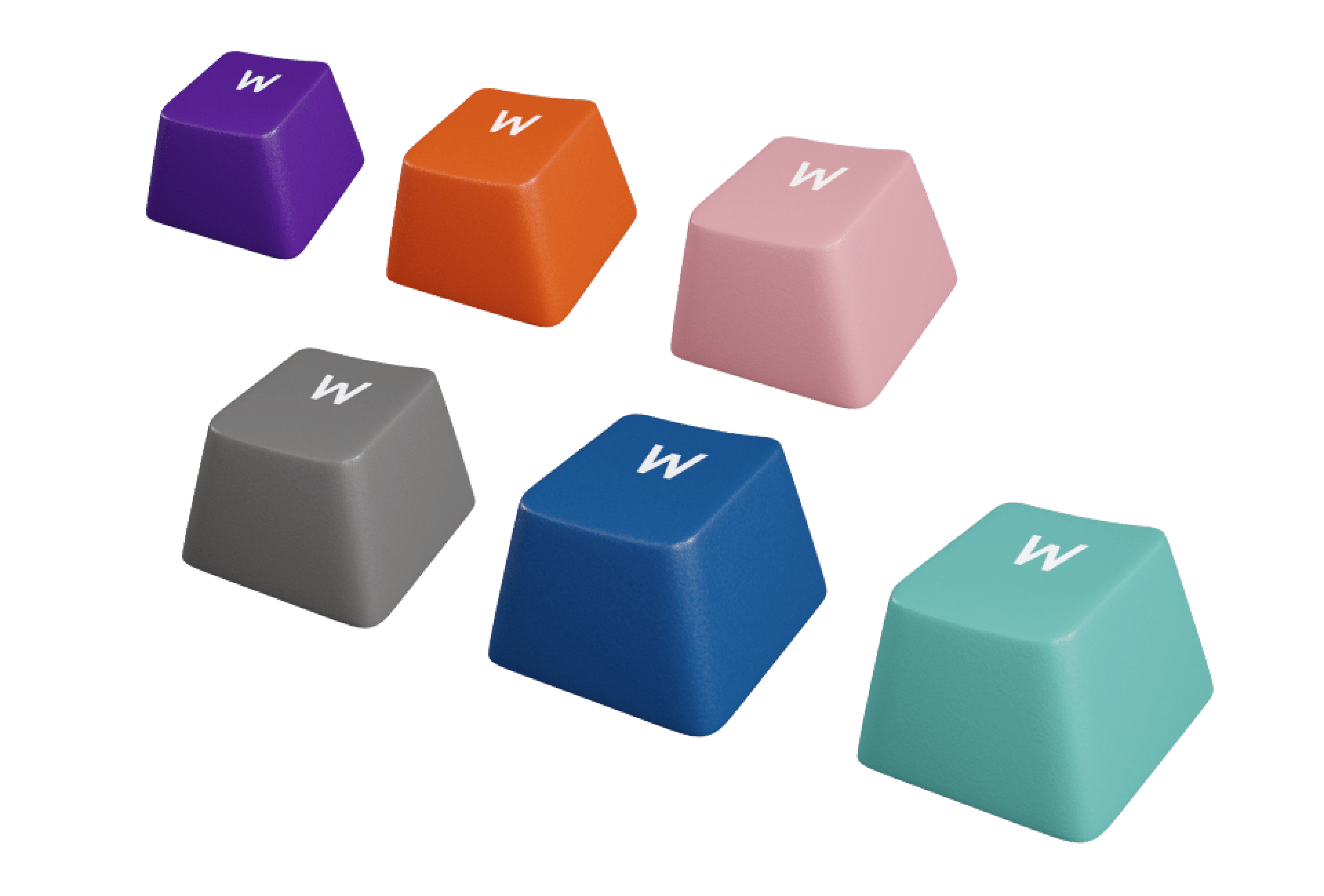 Colored keycaps in various shades including purple, orange, pink, gray, blue, and teal, all with a white "W" symbol