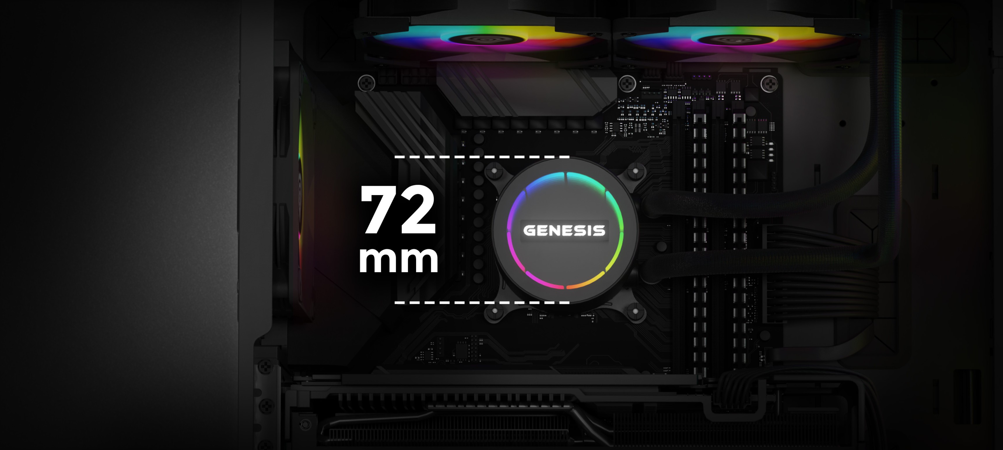 Close-up of the Genesis Hydria 240 ARGB water cooling system, featuring a 72 mm pump and RGB lighting inside a PC case