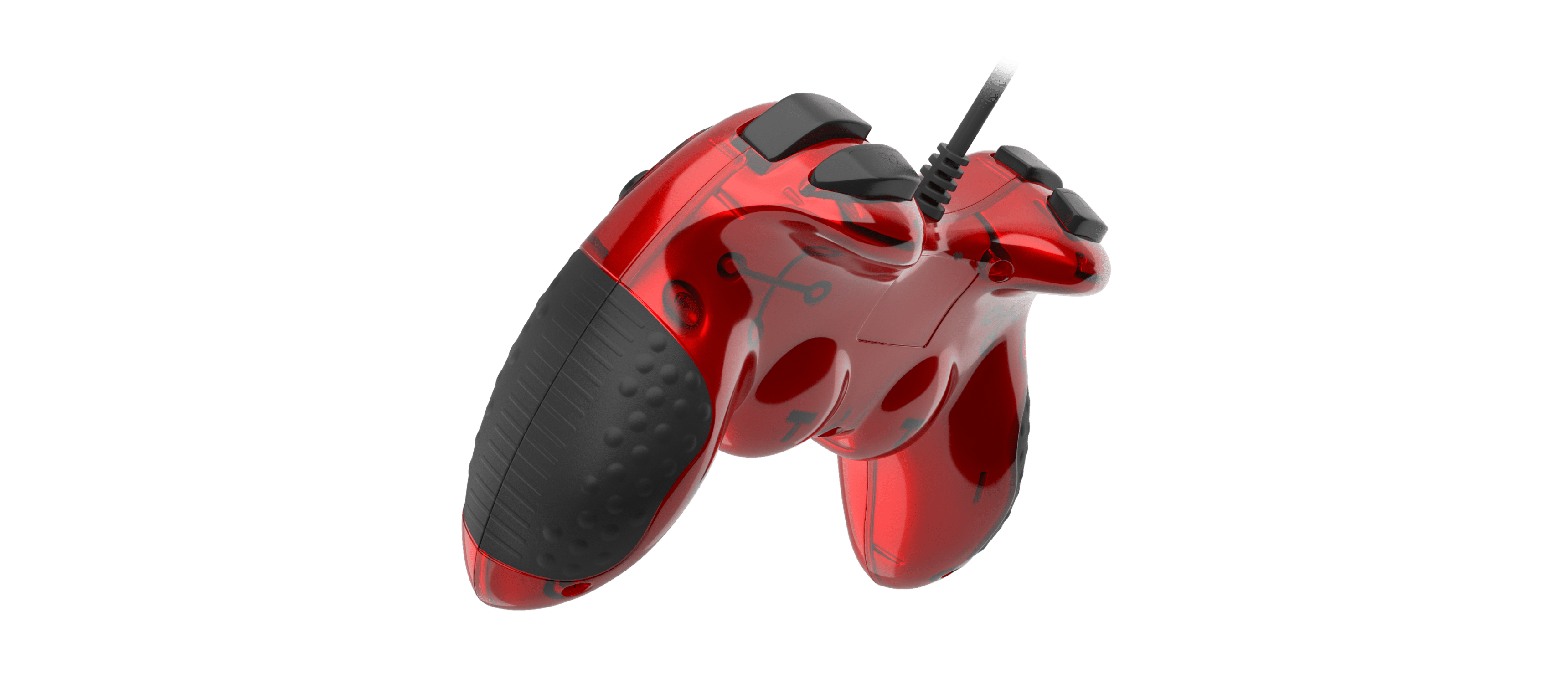 Red gaming controller with a connection cable and textured grip on the side.