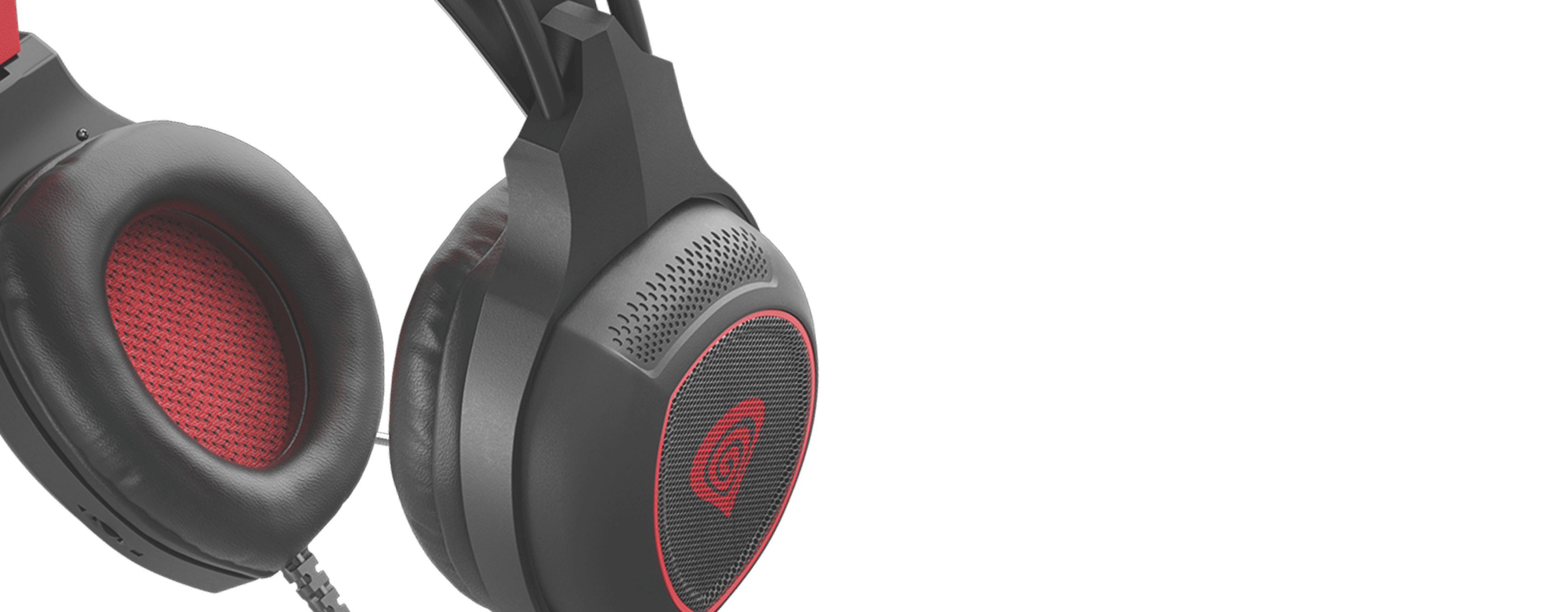 Headphones with black outer casing and red accents, featuring cushioned ear pads.