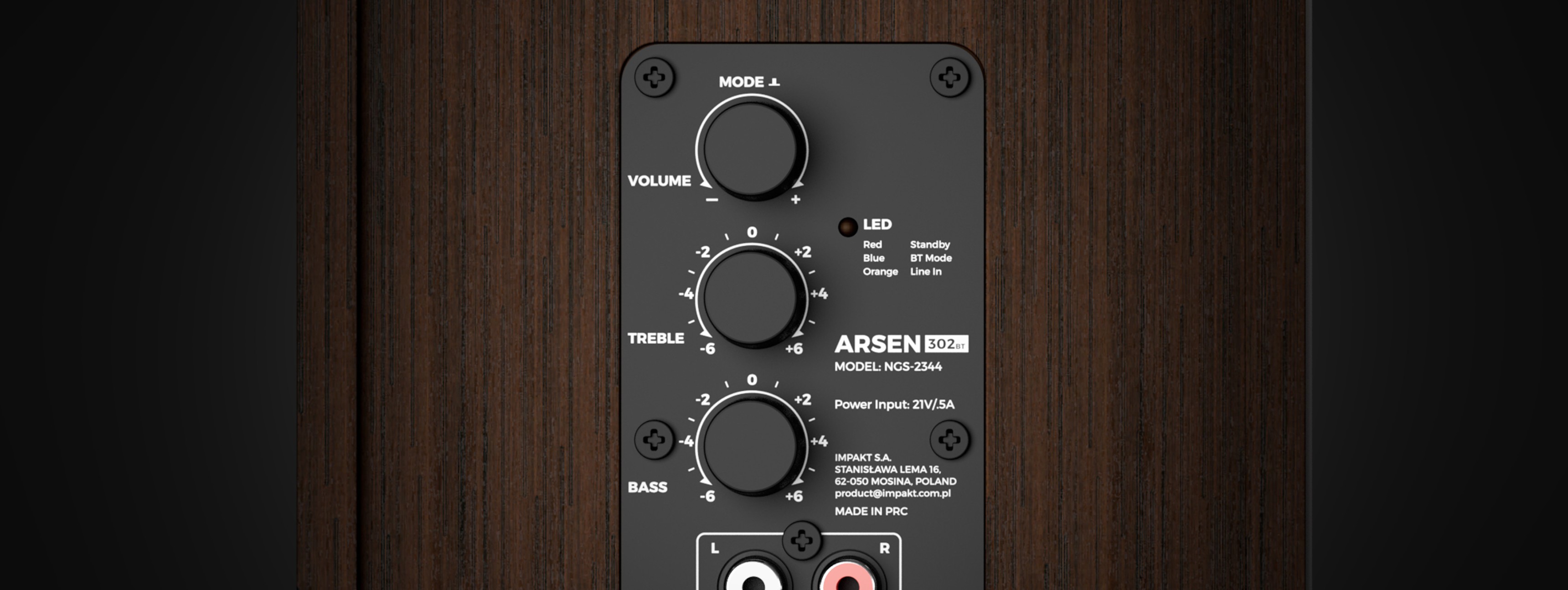 Control panel of the Genesis Arsen 302BT 2.0 speakers in brown, featuring volume, treble, and bass knobs