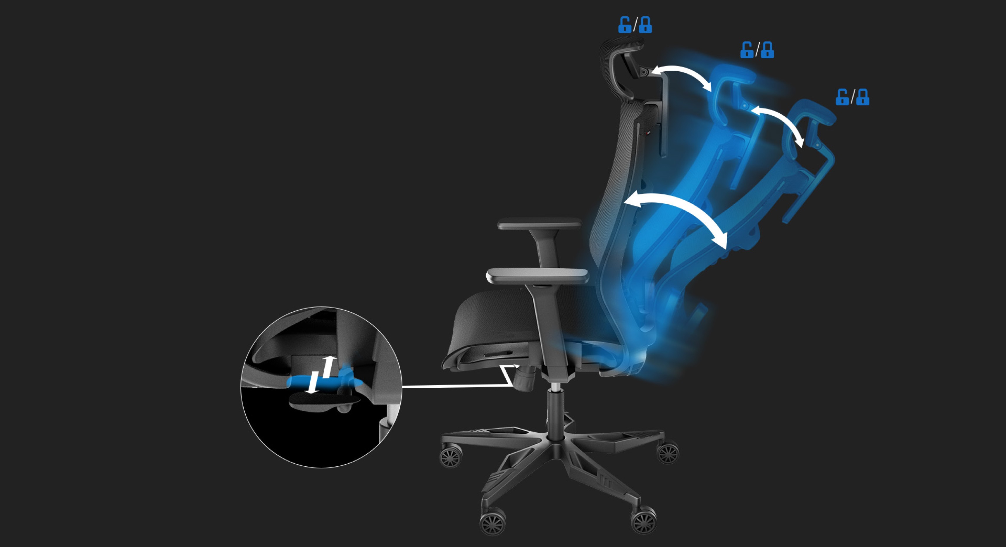 Ergonomic black office chair with adjustable features and depicted reclining motion highlights for optimal comfort