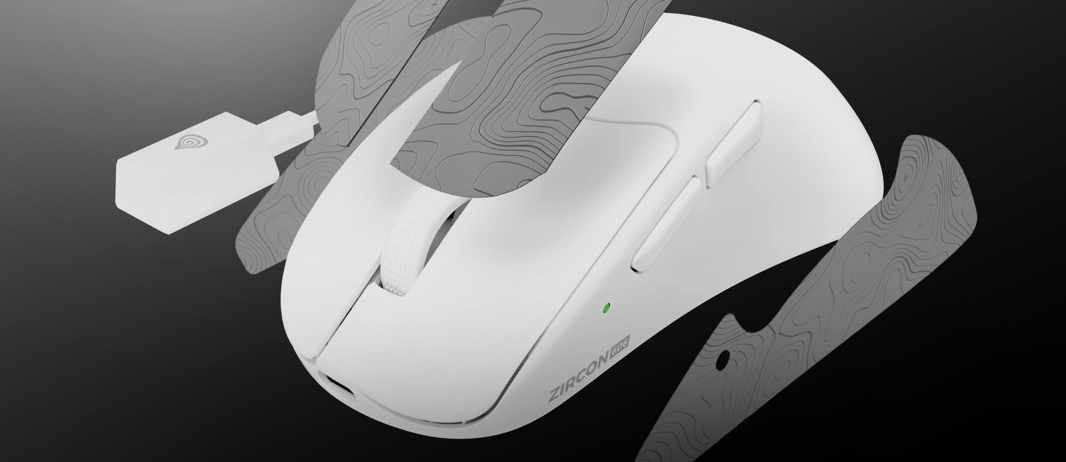 A white computer mouse with removable side panels and a small accessory on the side.