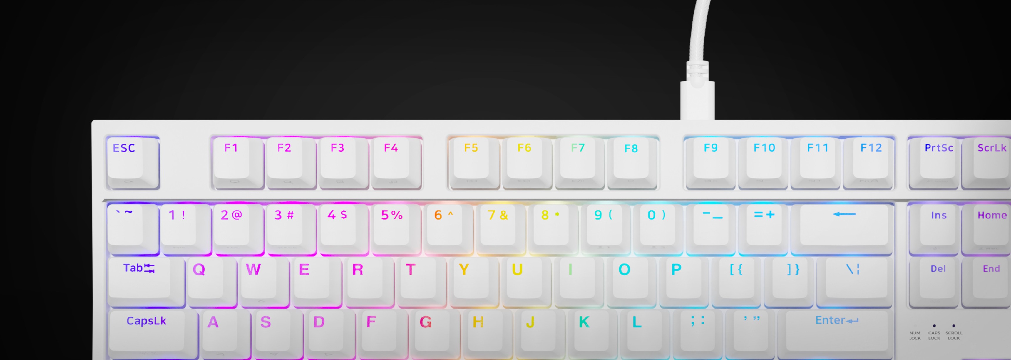 RGB backlit white mechanical keyboard with Gateron Yellow switches, featuring a sleek design and vibrant lighting effects