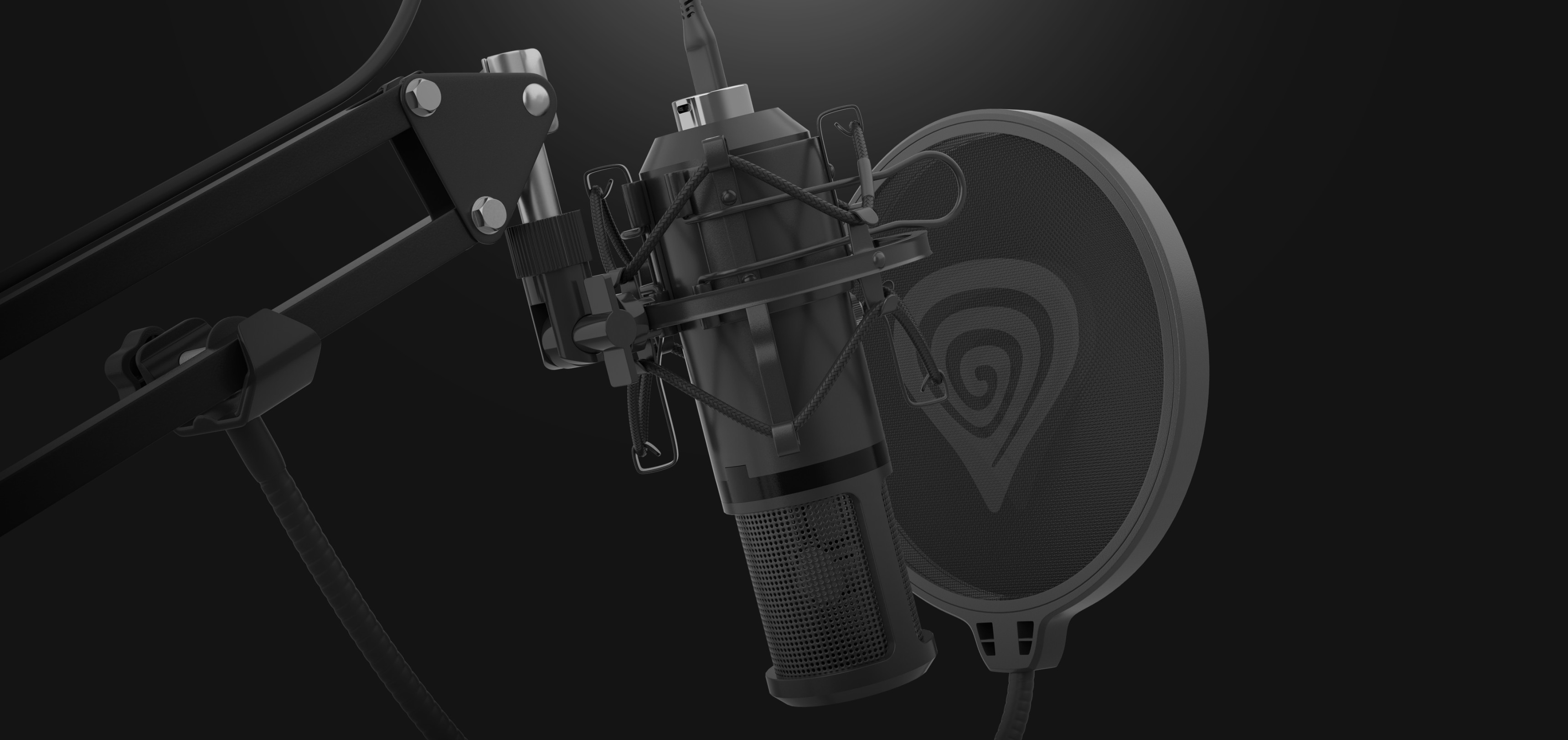 Professional USB microphone with a pop filter, mounted on an adjustable arm against a dark background