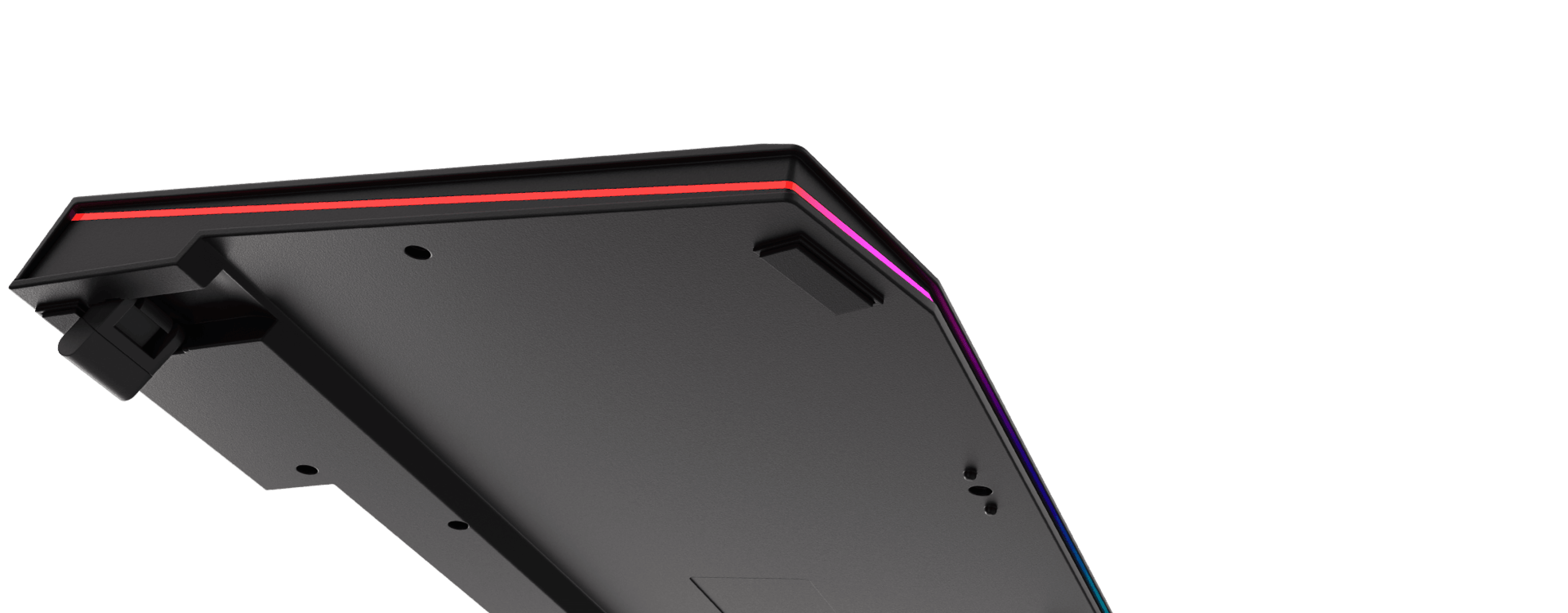 Bottom view of the Genesis LITH 400 RGB gaming keyboard, showcasing its slim design and customizable edge lighting