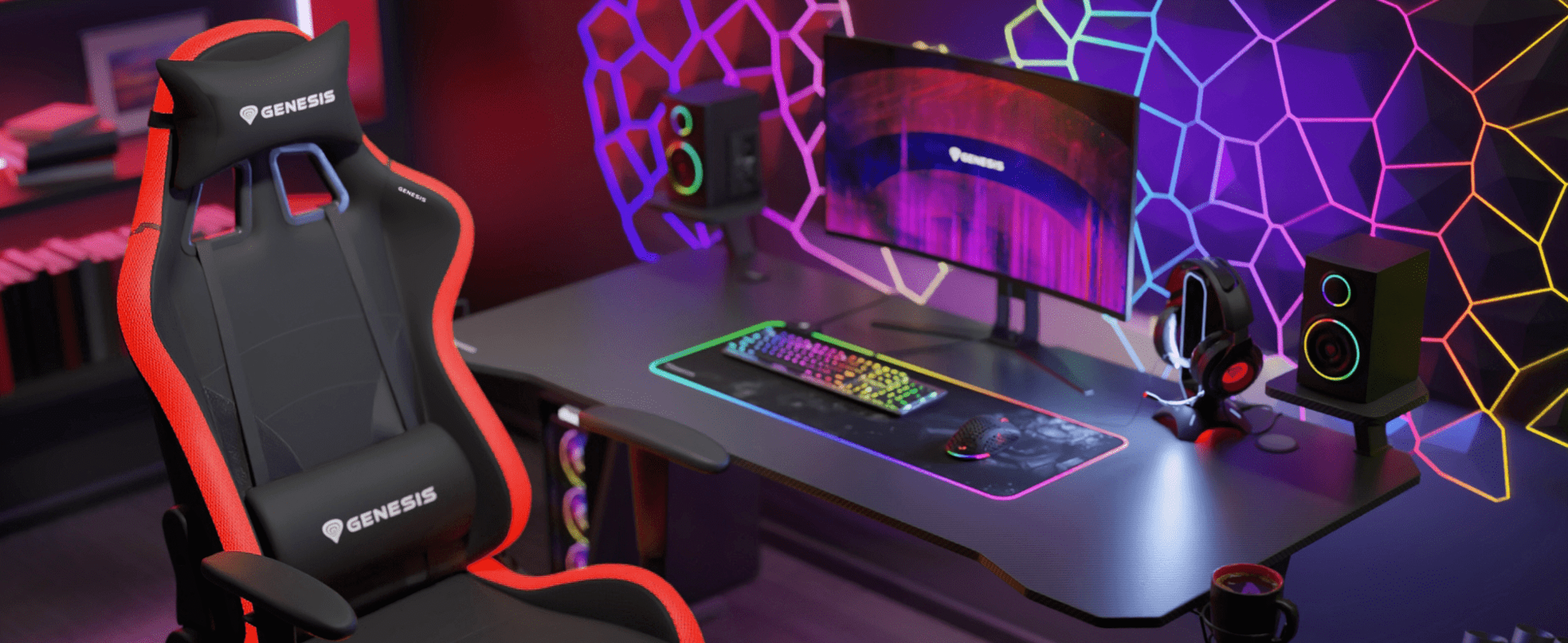 Gaming chair beside a computer with a colorful keyboard and vibrant speakers on a desk.