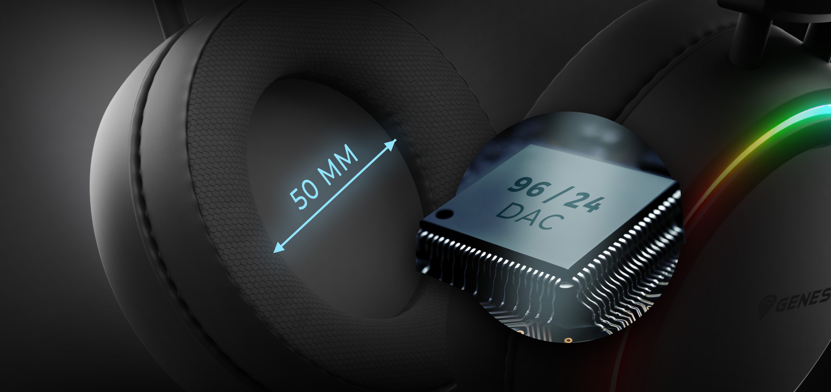 Headphone ear cup showing a speaker measuring and a chip with audio specifications.