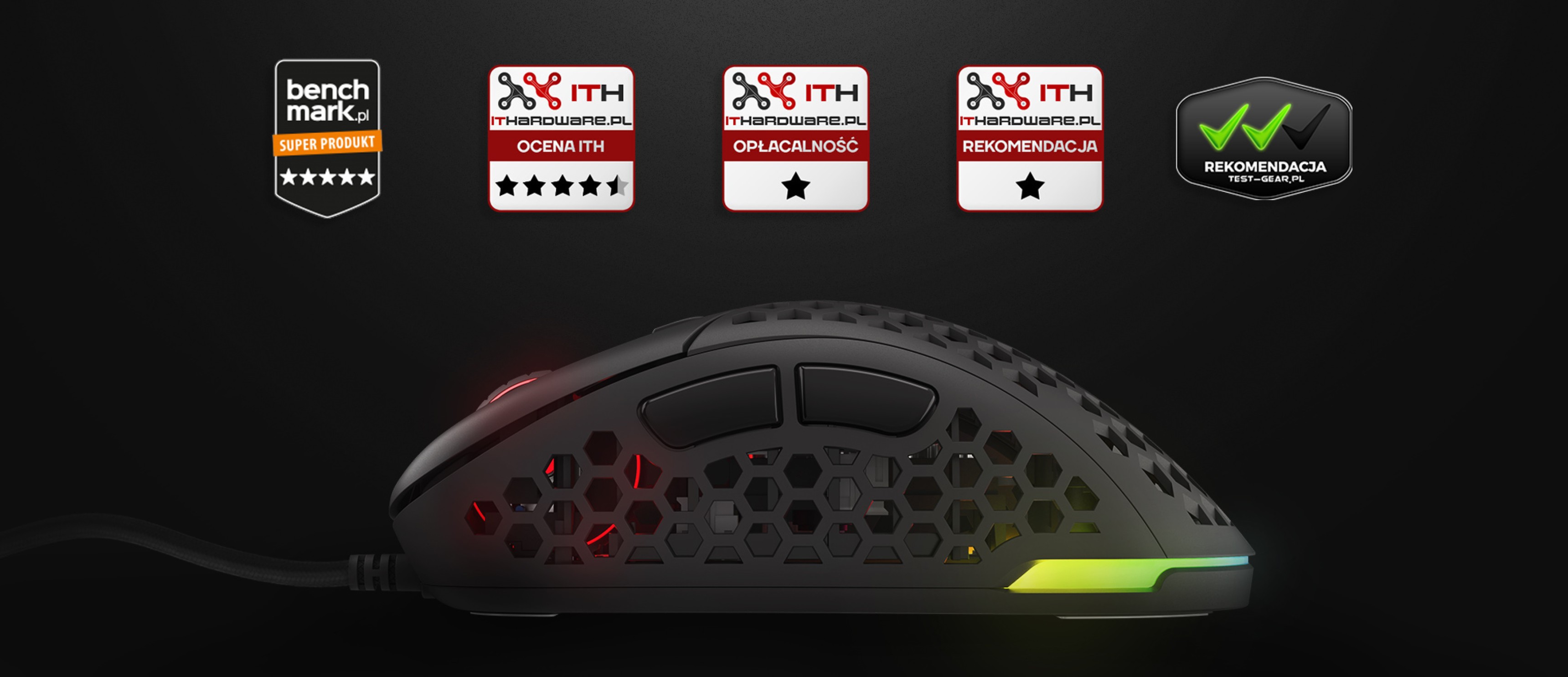 Lightweight black gaming mouse with RGB lighting, featuring a honeycomb design and multiple performance ratings