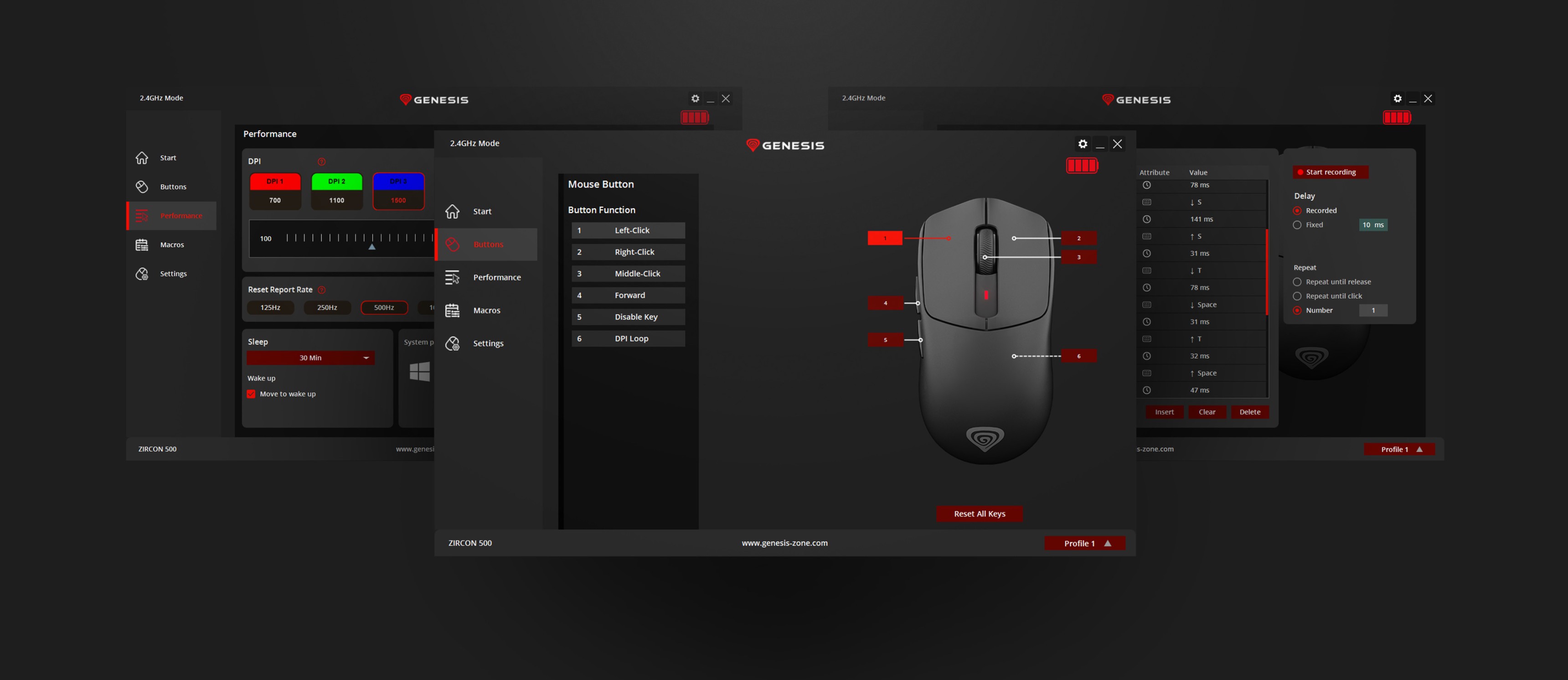 Software interface showing settings and customization options for a gaming mouse.