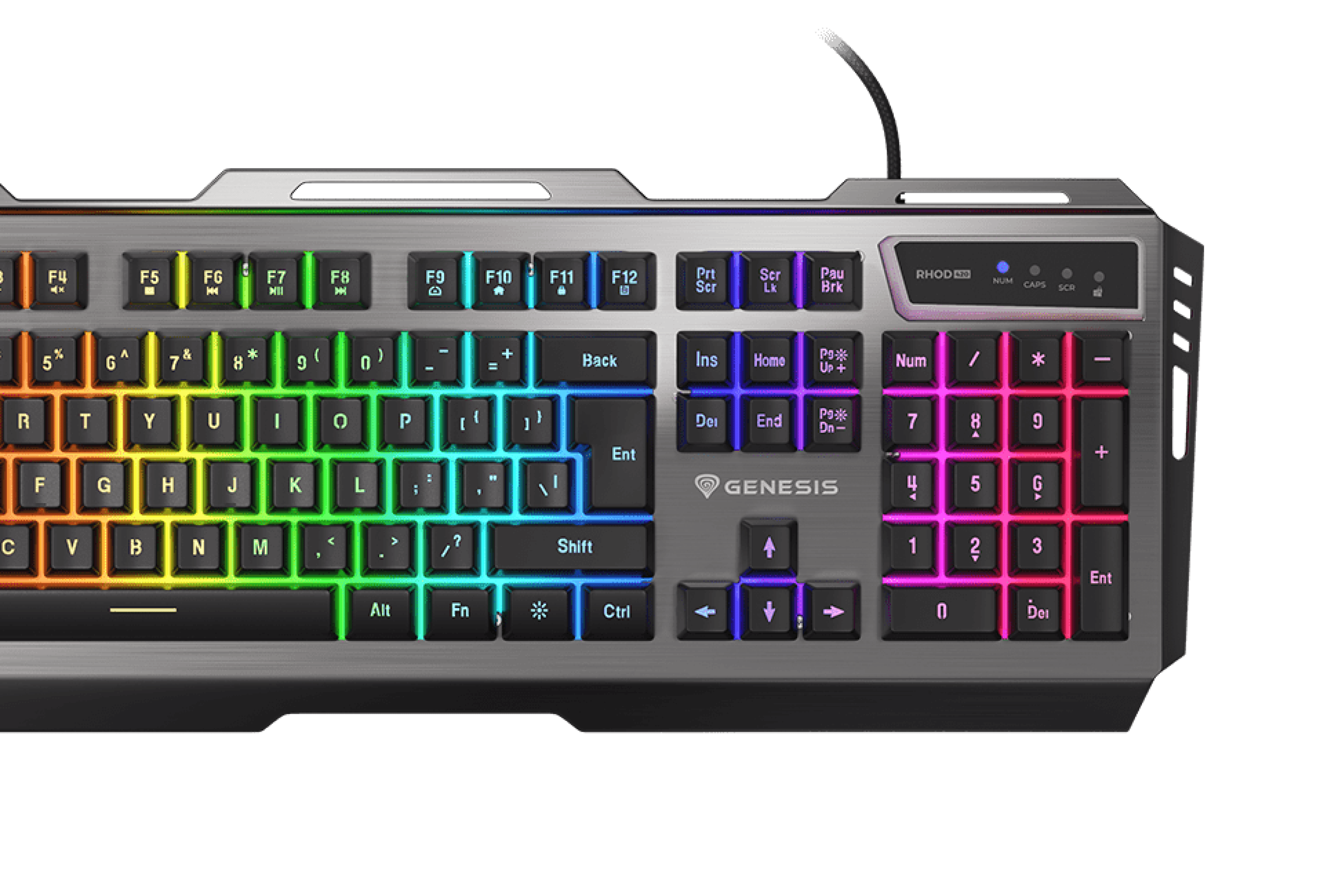RGB gaming keyboard with a sleek design, featuring customizable lighting across the keys and a durable build