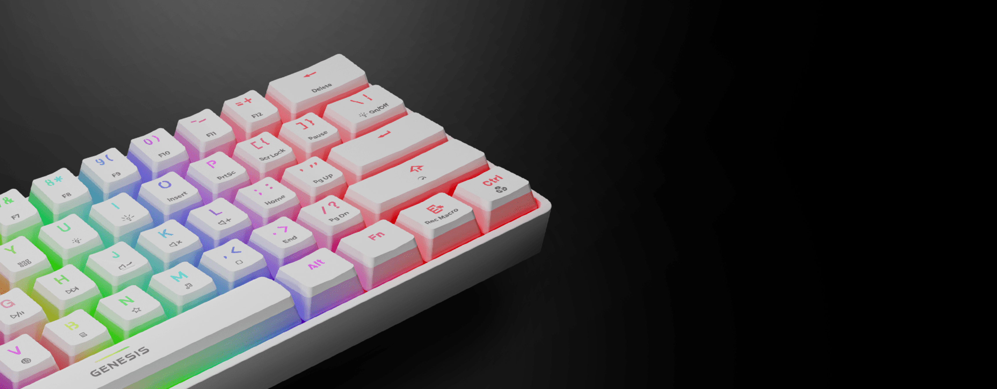 Keyboard with illuminated keys in multiple colors against a dark background.