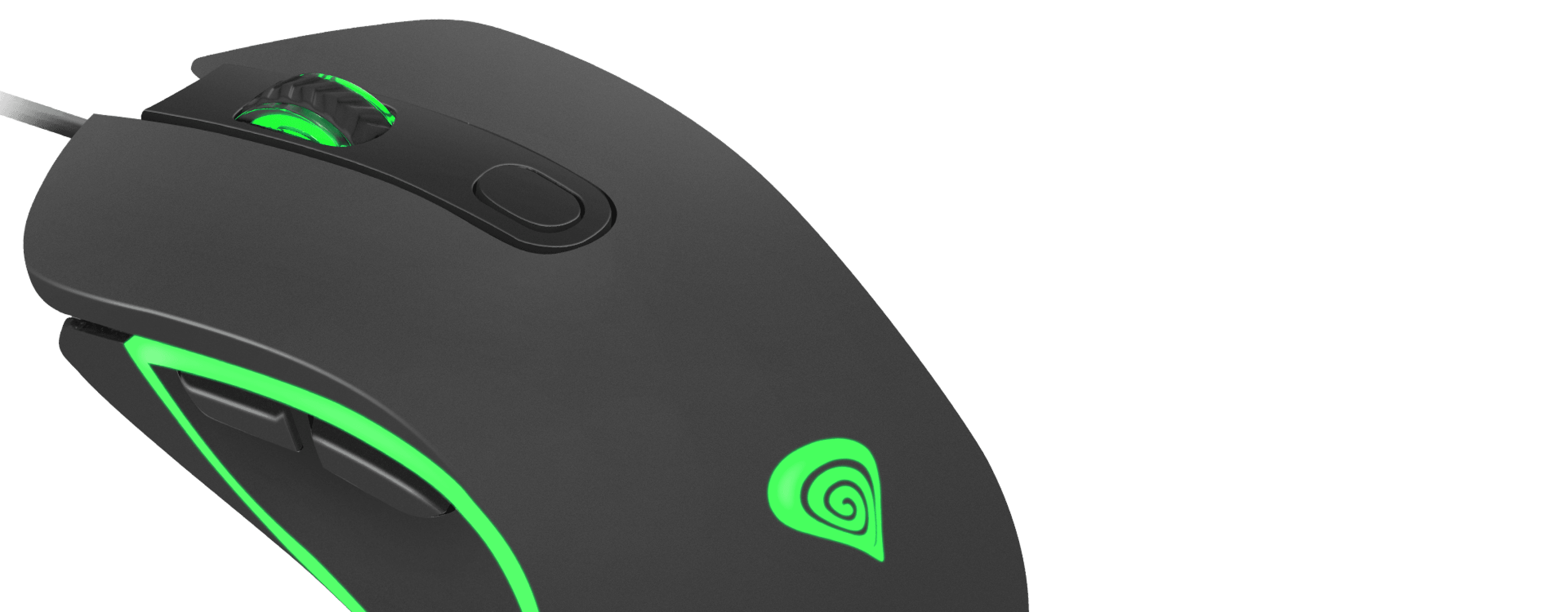 Computer mouse with a cable and glowing green accents on the body and scroll wheel.