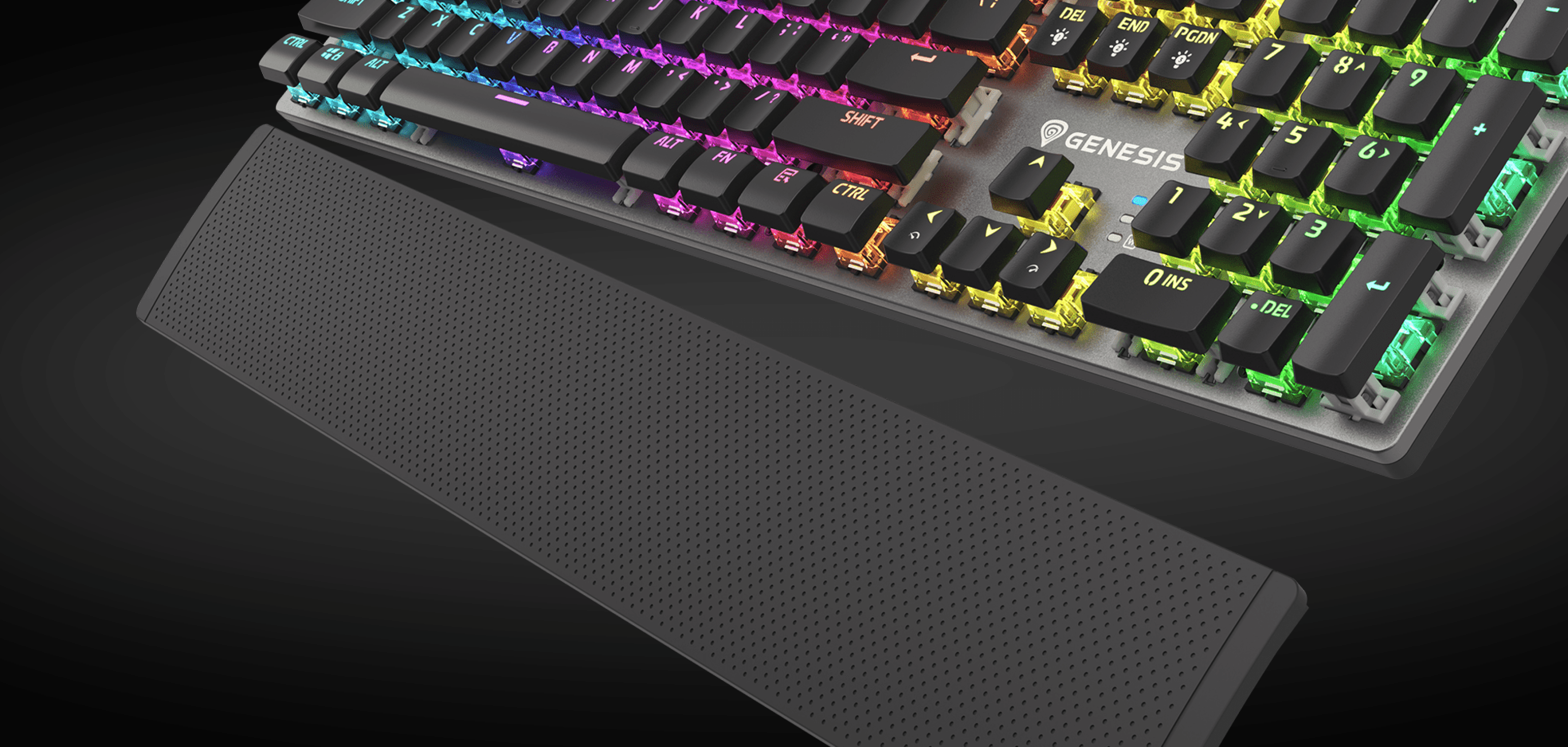 Gaming keyboard with colorful keys and a textured wrist rest in a dark background.