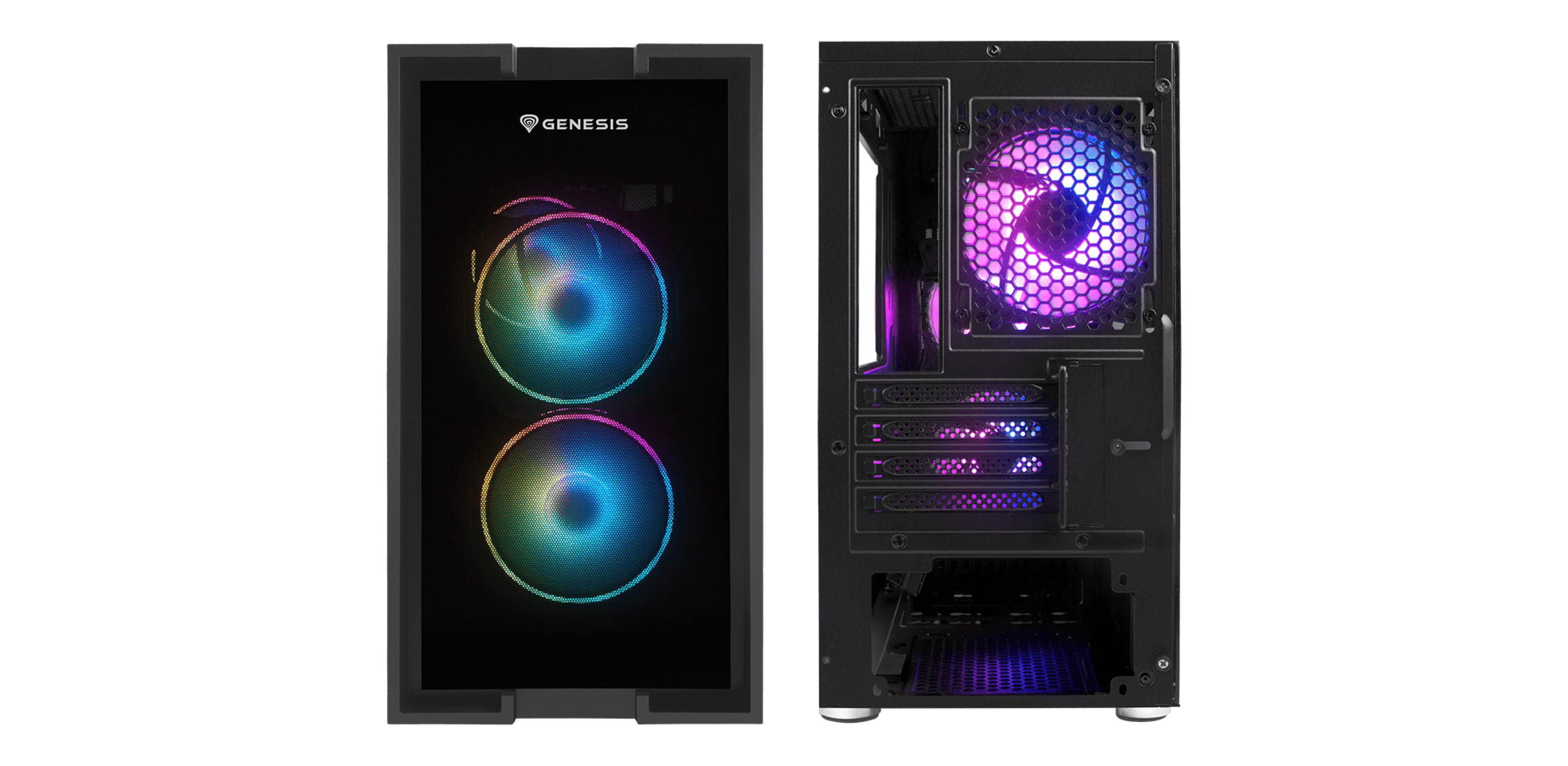 Computer case with colorful cooling fans and a glass side panel for visibility.