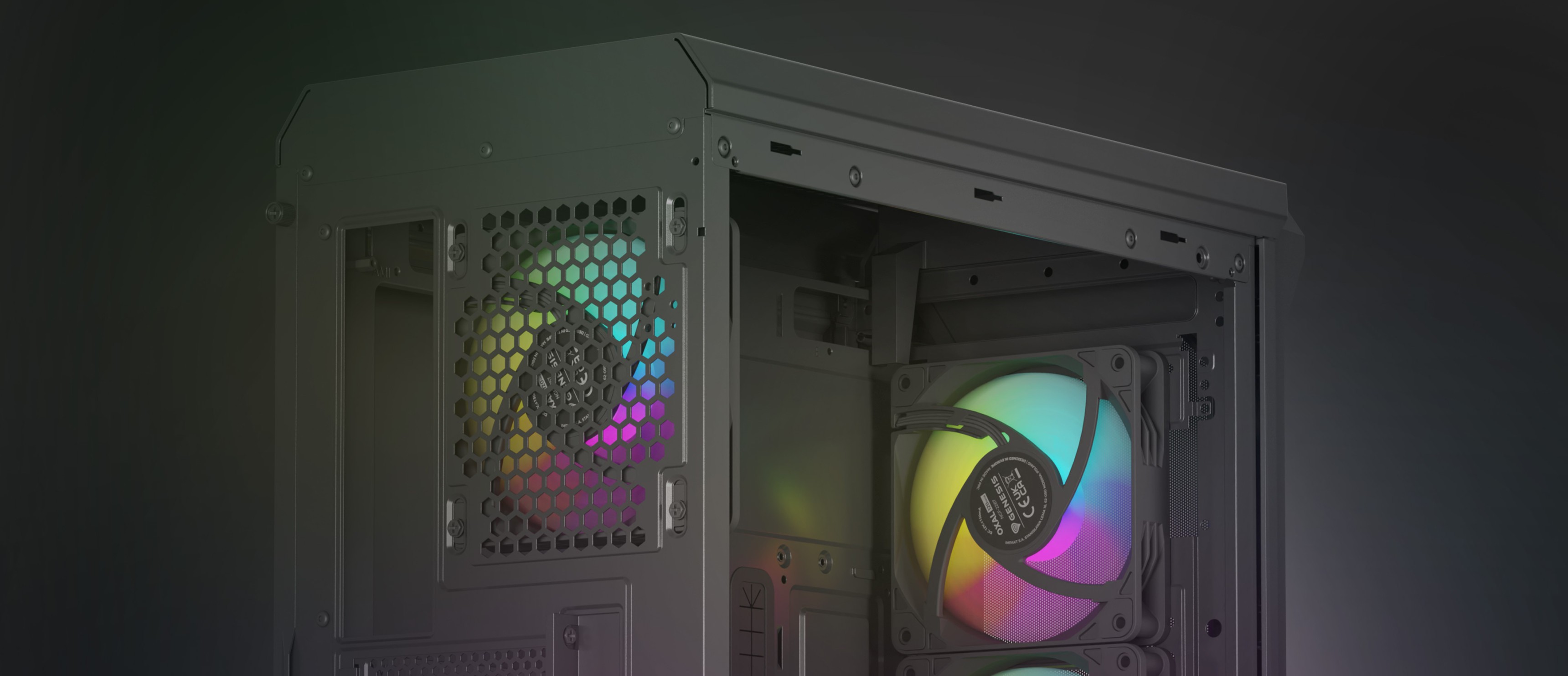 ARGB black fan with colorful lighting installed in a computer case, showcasing a sleek design and vibrant illumination
