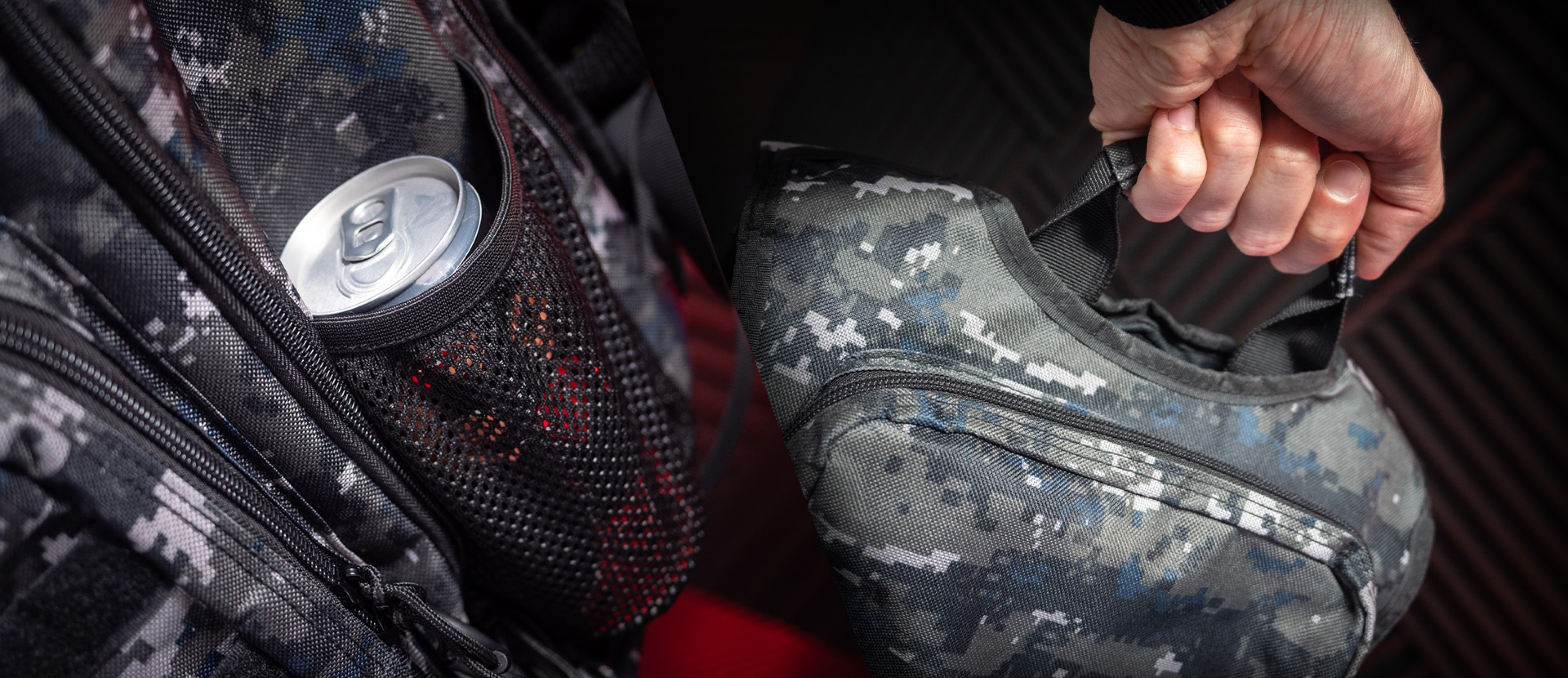 Laptop backpack featuring a camo design with a side pocket holding a can and a top handle for easy carrying