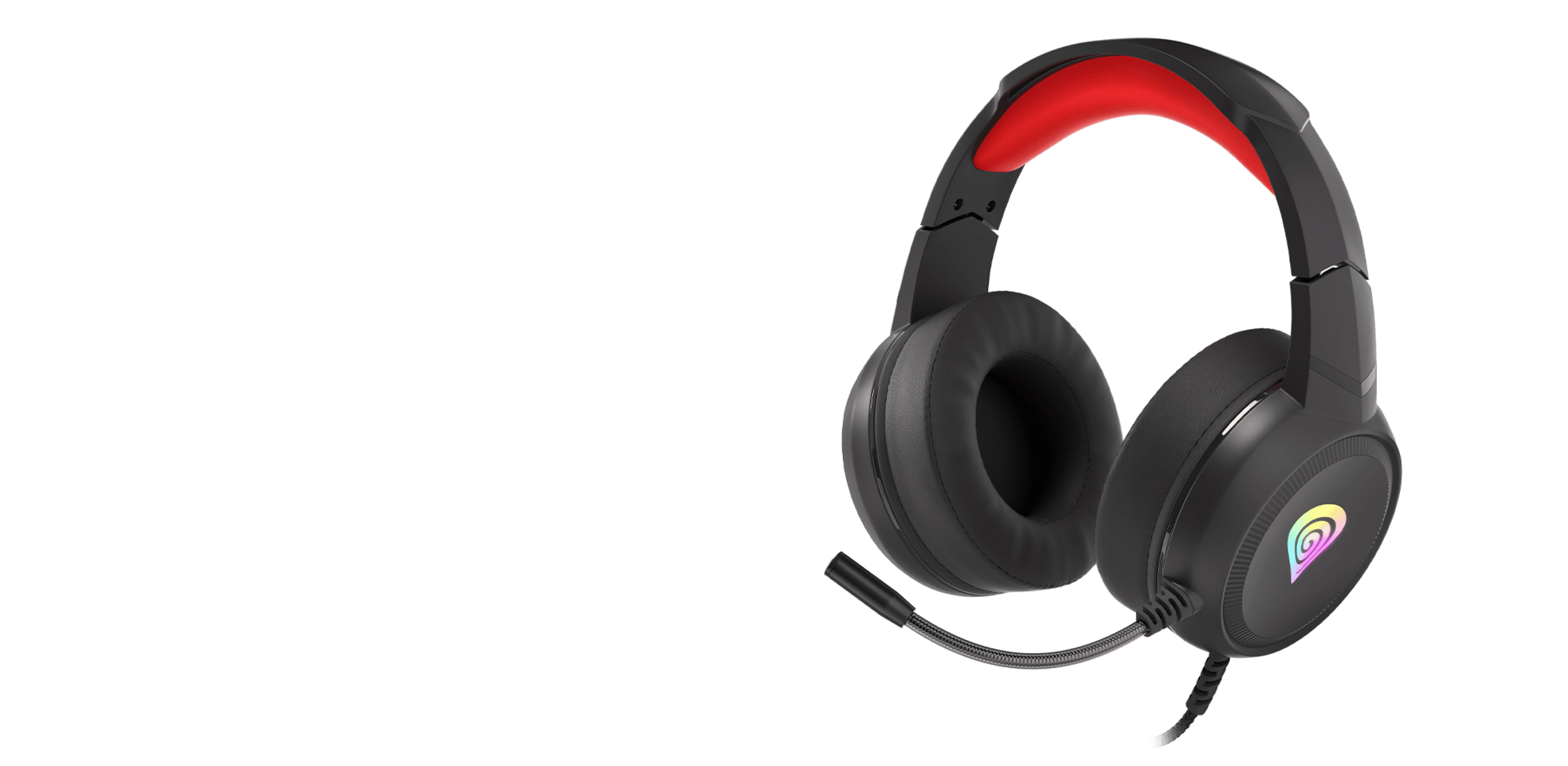 Headphones with a black design, red accents, and a microphone for communication.