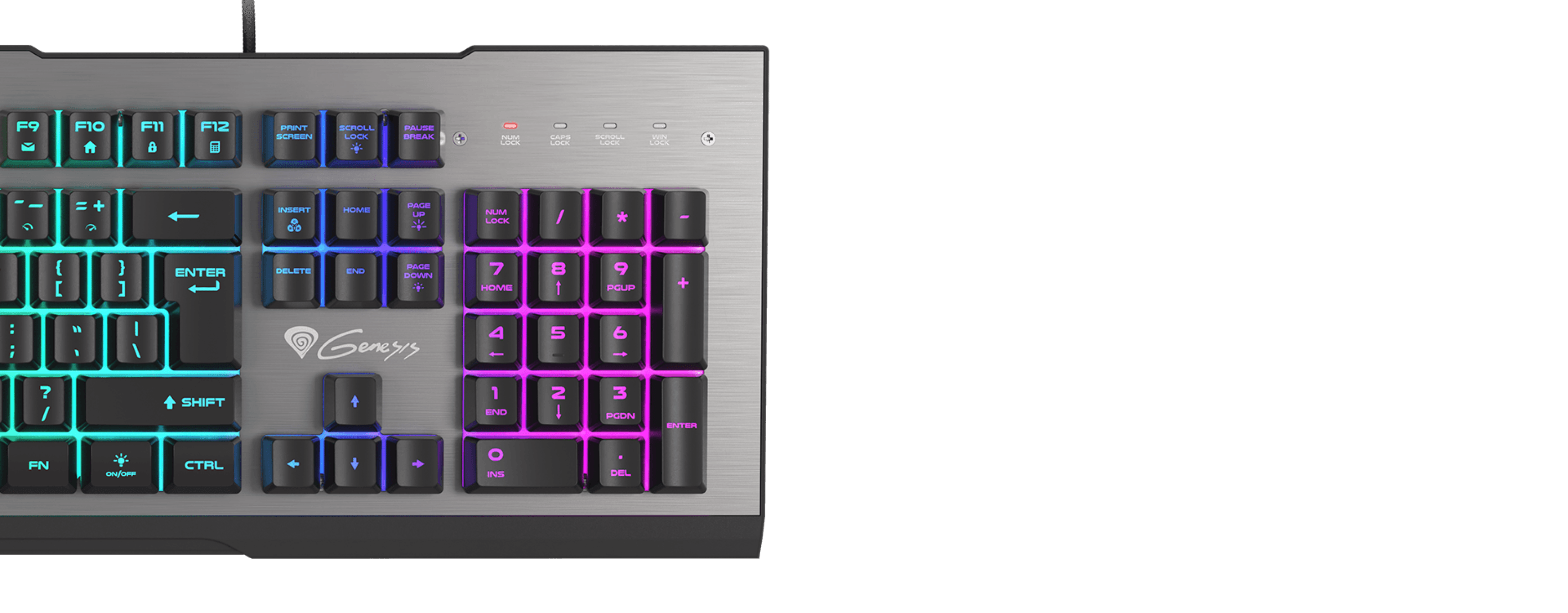 Keyboard with colorful backlighting and a sleek metal design featuring a connection cable.