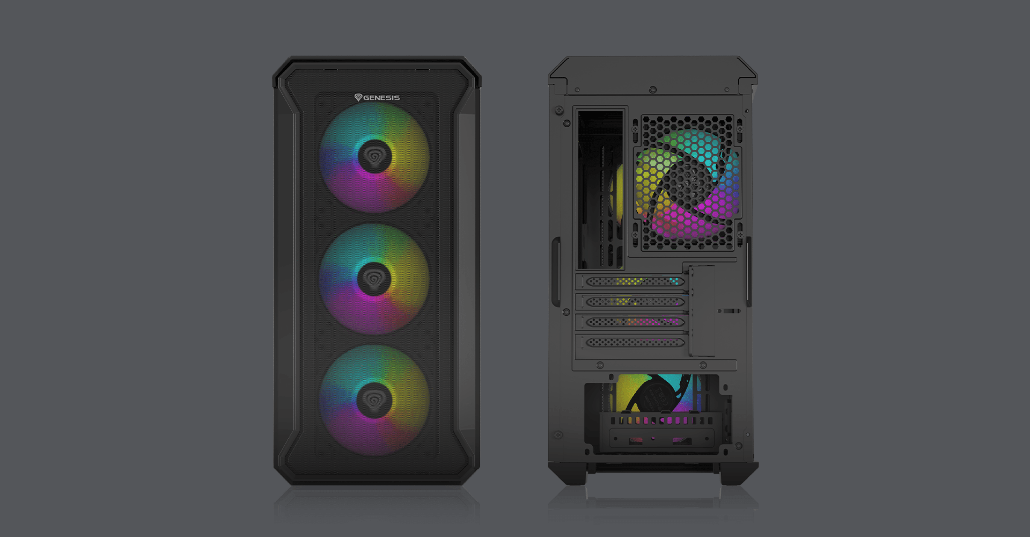 Black MATX mini tower case with a transparent side panel and three ARGB fans, showcasing vibrant lighting effects