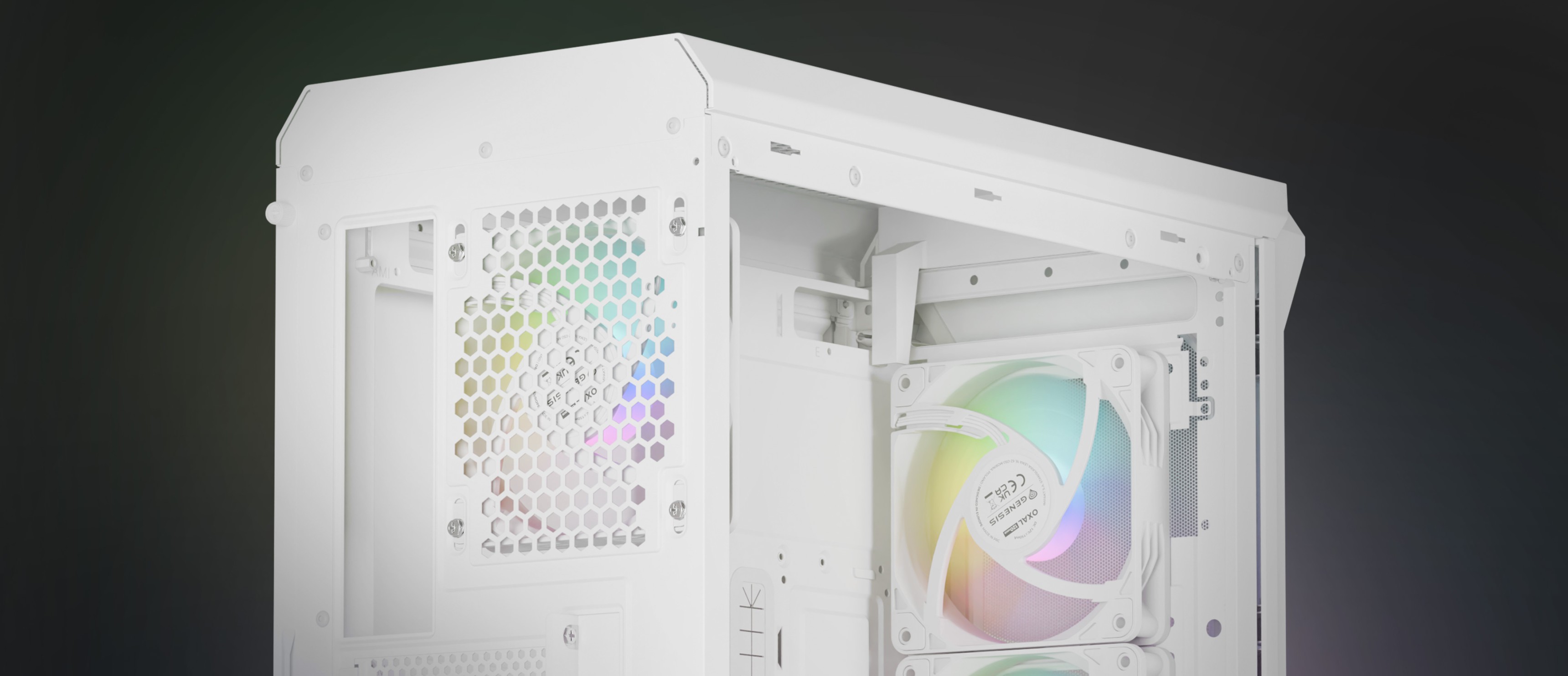 White computer case featuring a Genesis Oxal 120 ARGB fan with vibrant RGB lighting