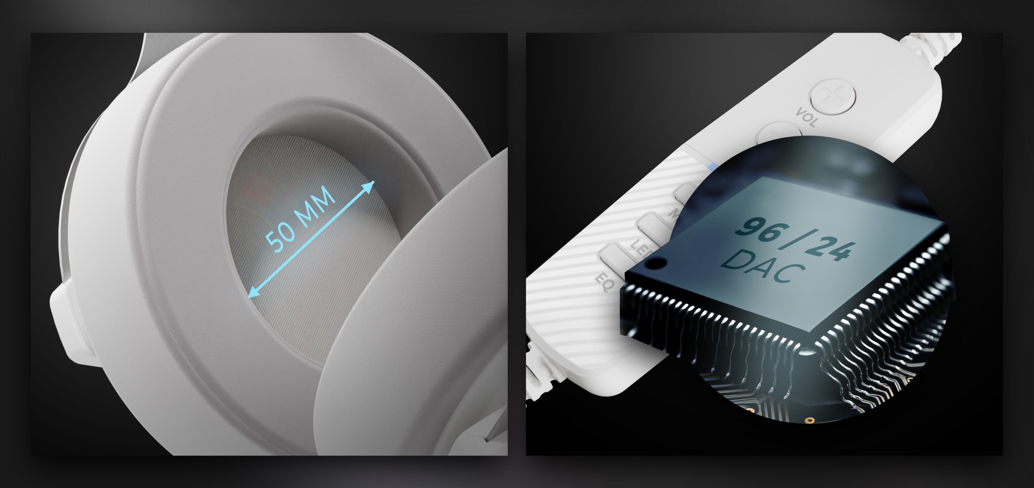 Close-up of Genesis Neon 764 RGB headphones showing a 50 mm speaker driver and a DAC component for high-quality audio
