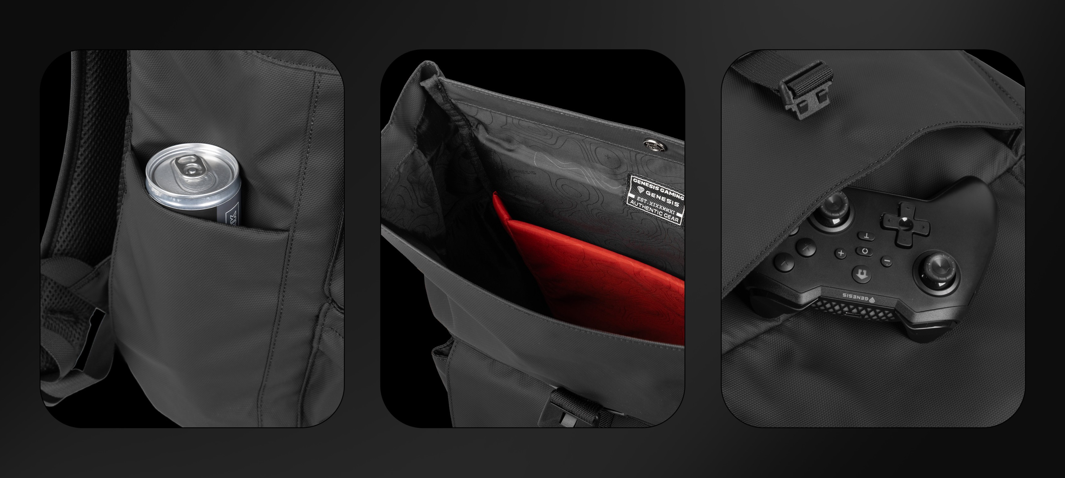 A black backpack featuring an external pocket for a drink and an interior compartment for items.