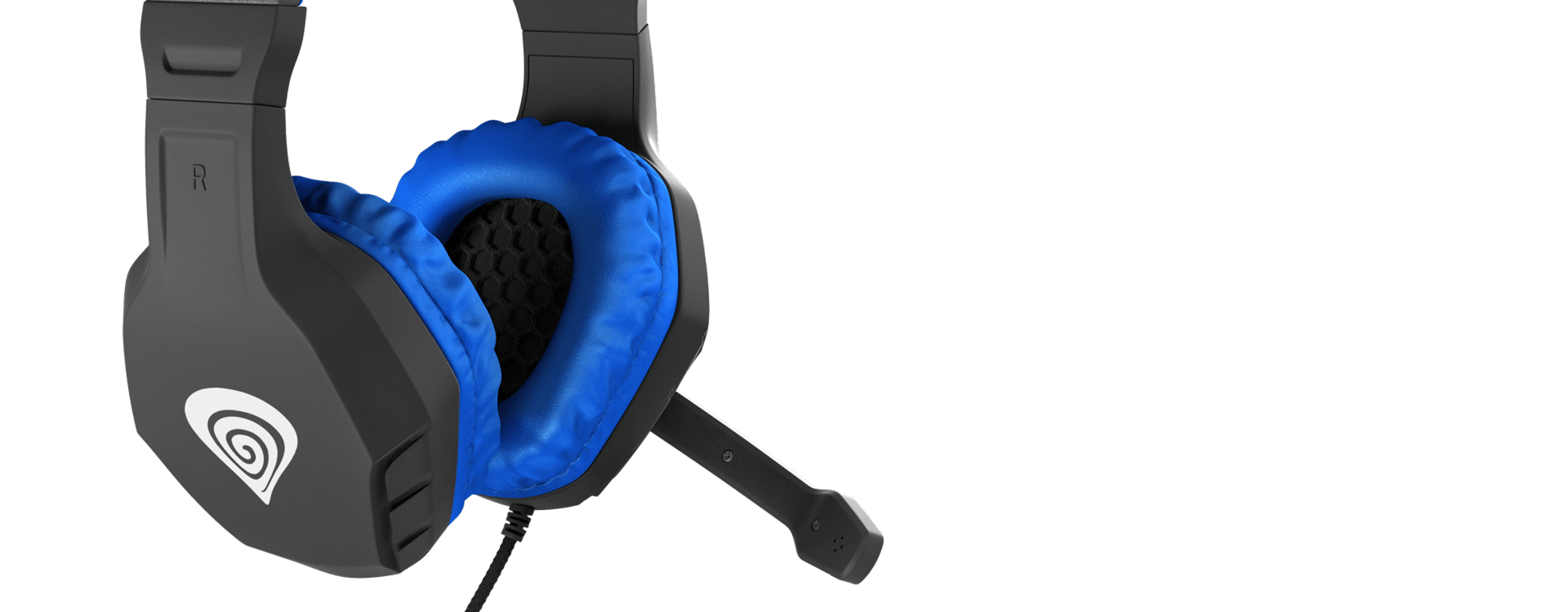 Black and blue over-ear headphones with a microphone, featuring cushioned ear pads and a sleek design