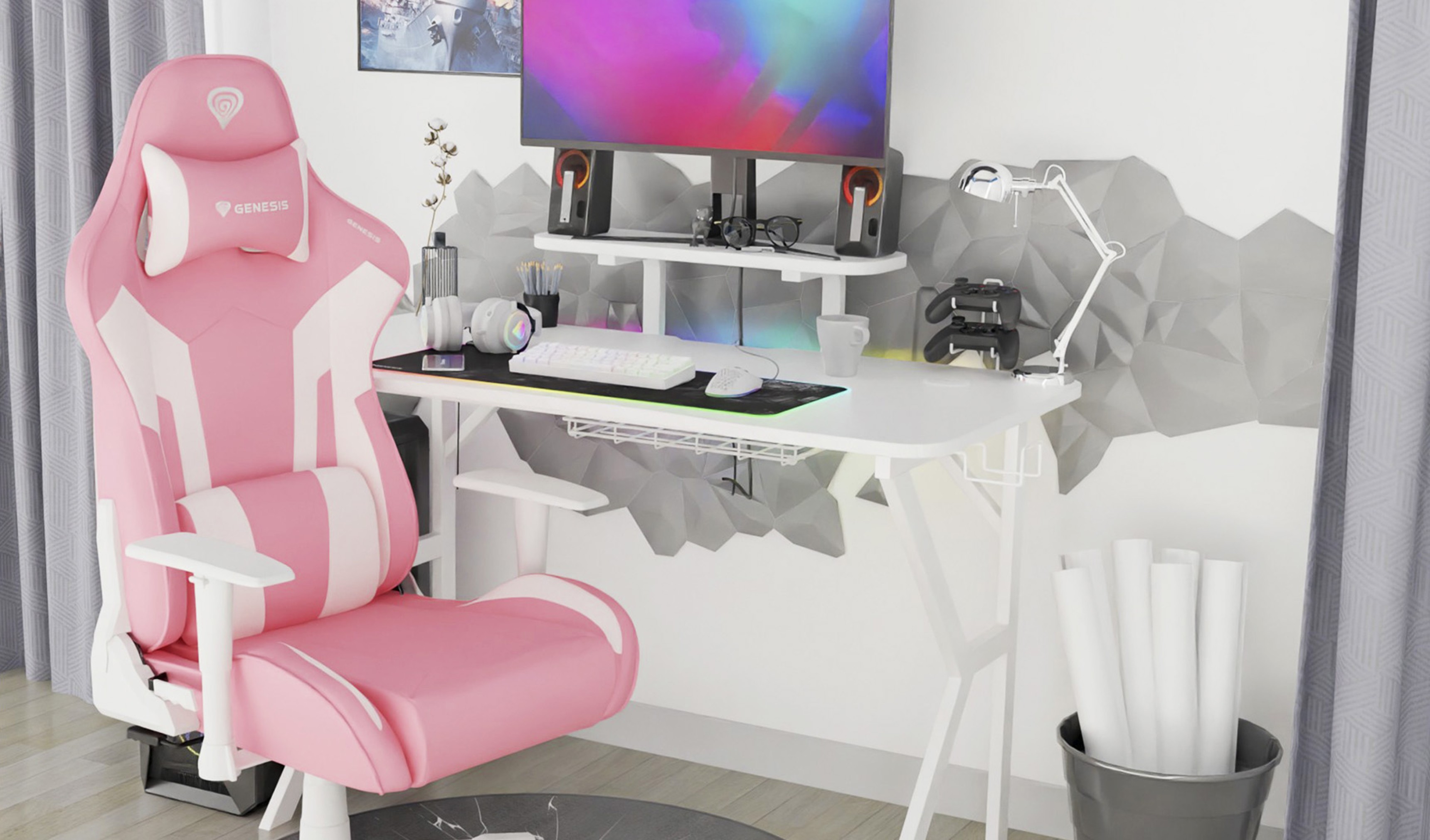 Pink and white gaming chair positioned at a modern desk with a computer monitor and gaming accessories in a stylish setup