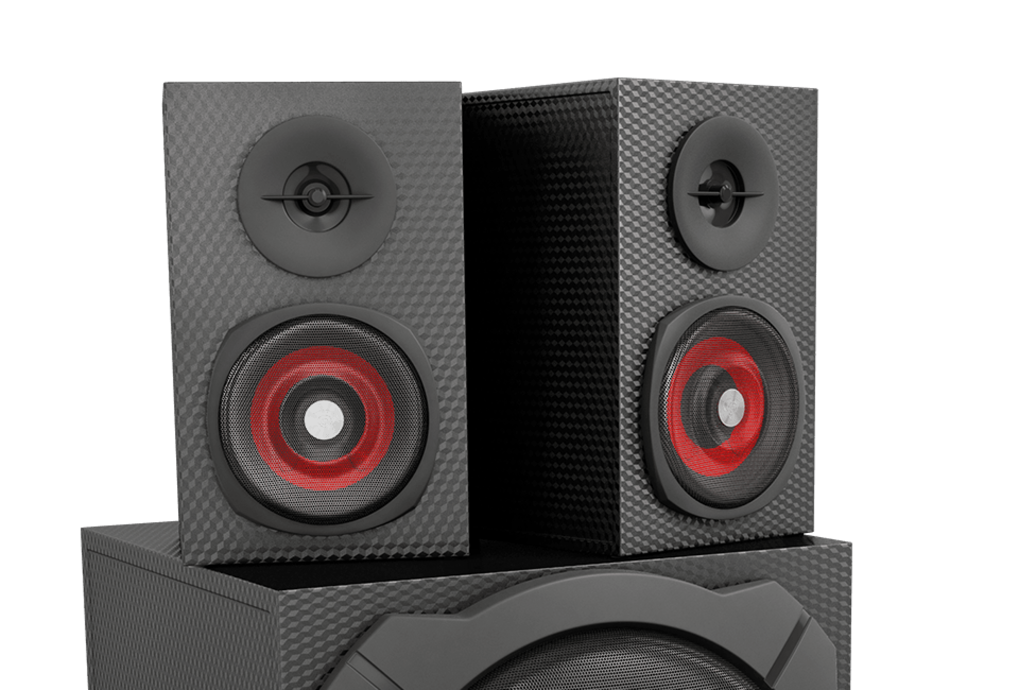 Black speaker system with two tall speakers and a larger subwoofer at the bottom.