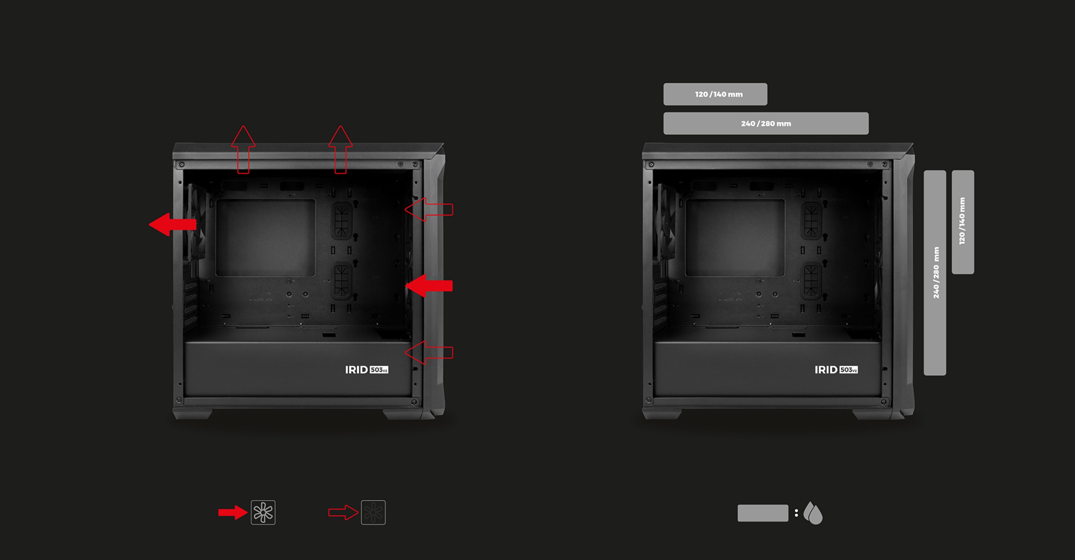 Black Genesis Irid 503 V2 MATX mini tower case with a transparent side panel, showing interior compartments and labeled features