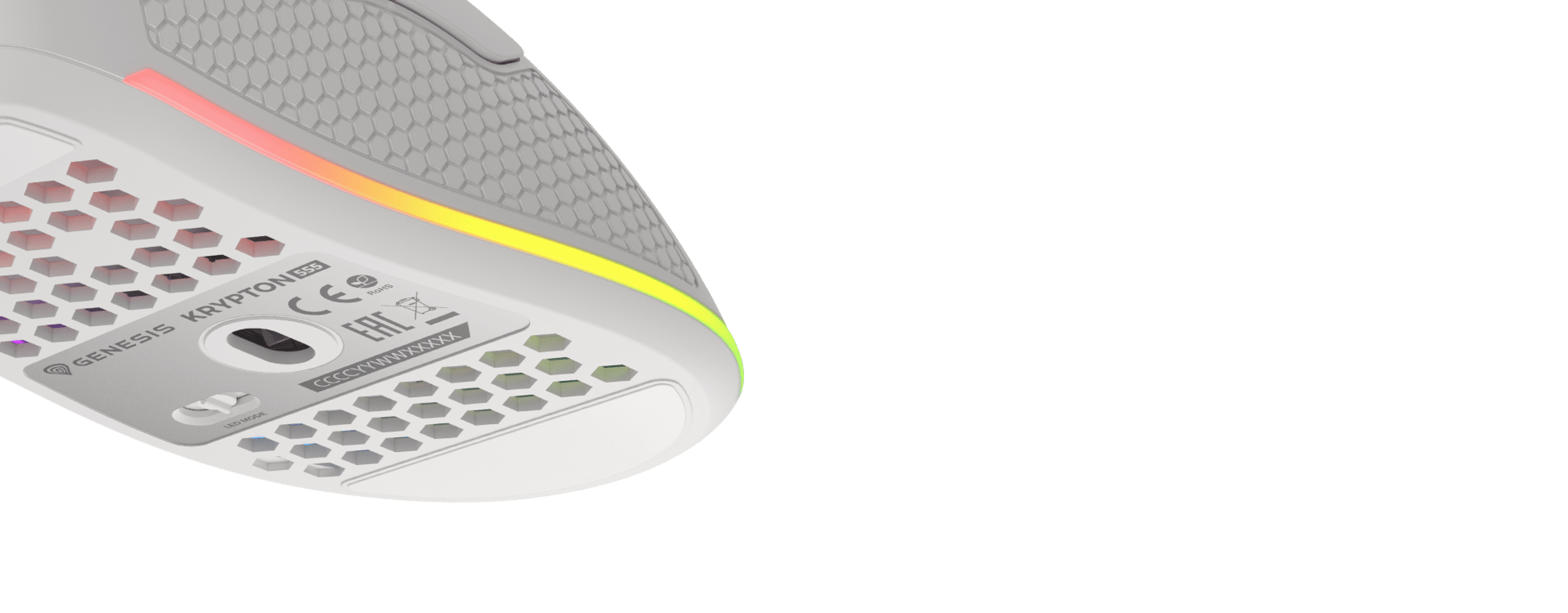 White gaming mouse with programmable features, 8000 DPI, and RGB lighting, showcasing a textured design and underside details