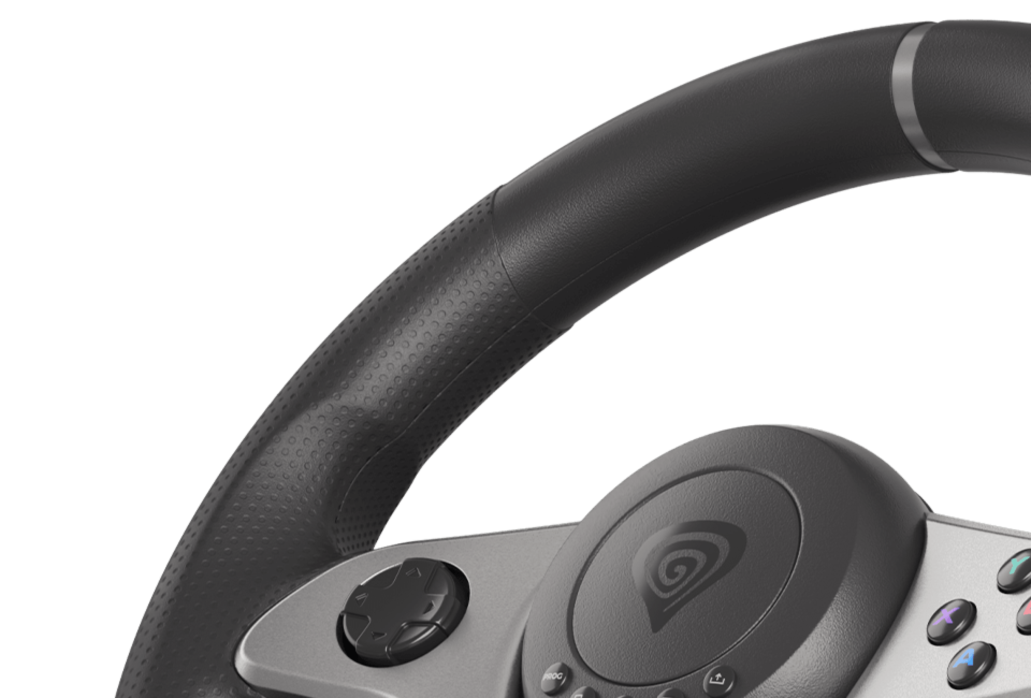 Close-up of the Genesis Seaborg 400 gaming steering wheel, featuring textured grip and control buttons