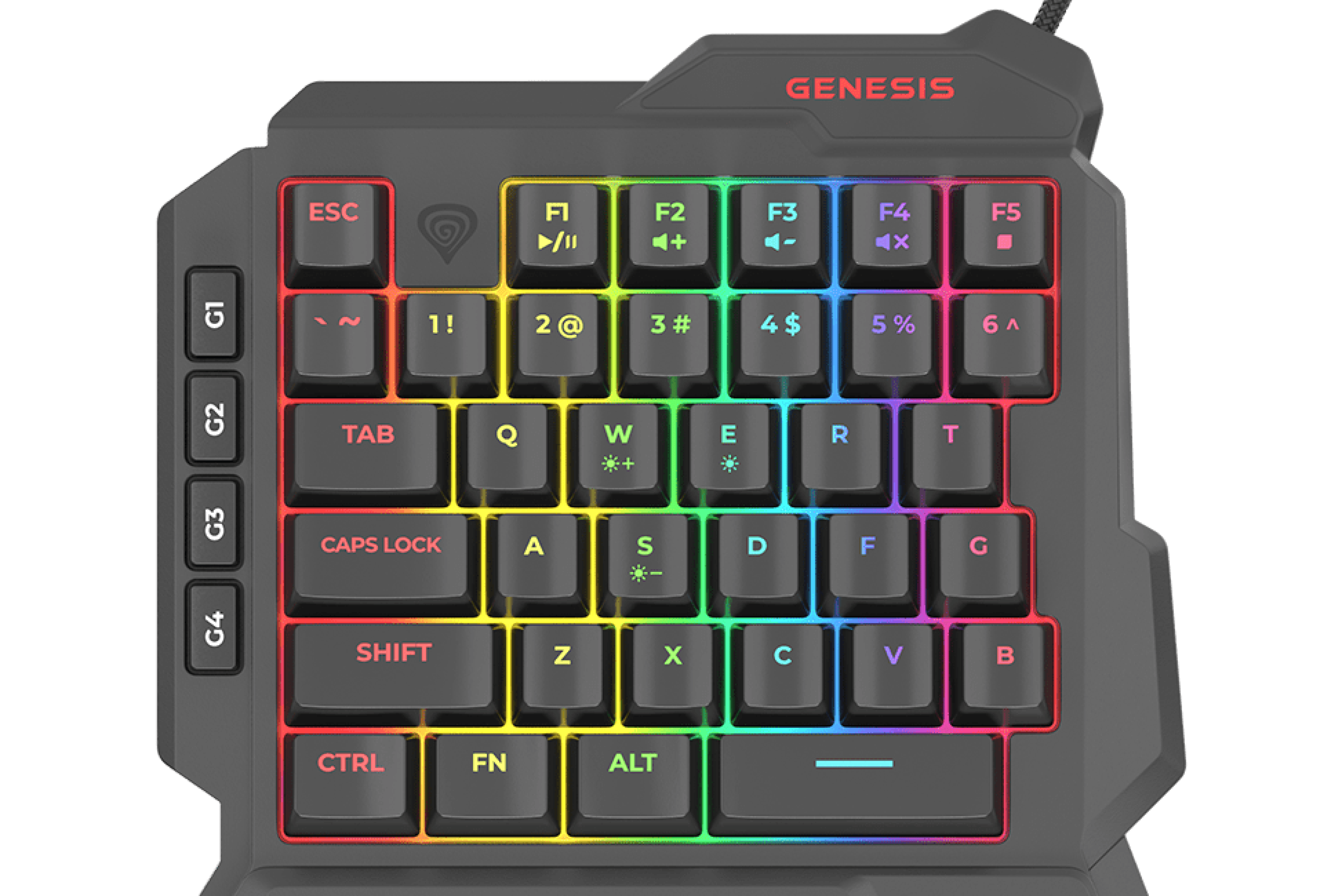 Compact keyboard with colorful backlighting and a gaming layout of keys.