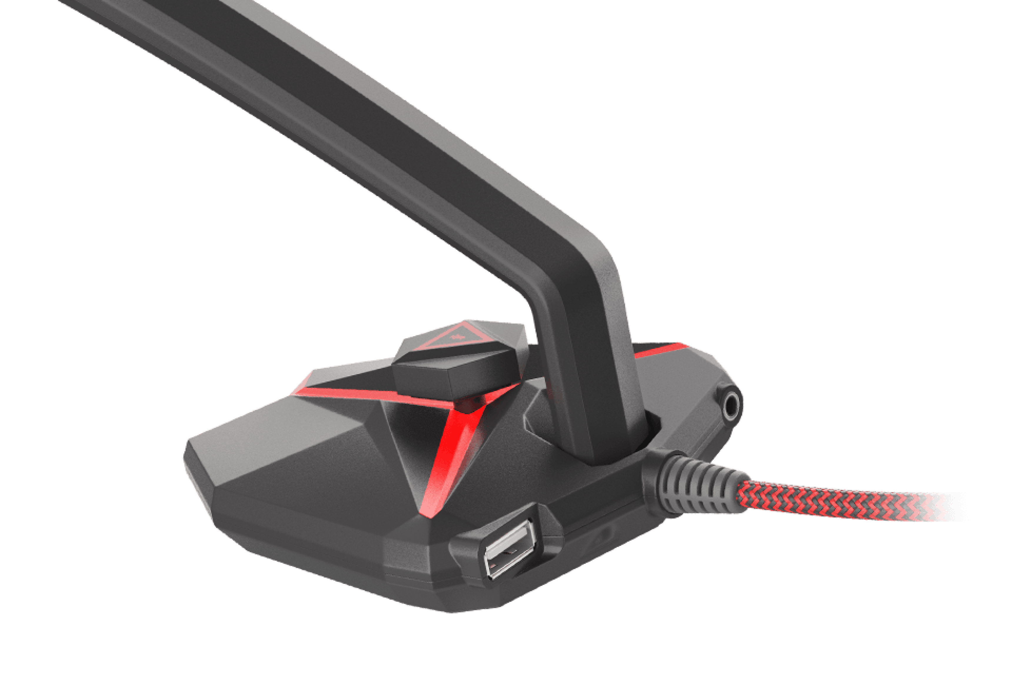 Close-up of the Genesis Radium 200 microphone with a sleek design, featuring a red accent and a flexible arm